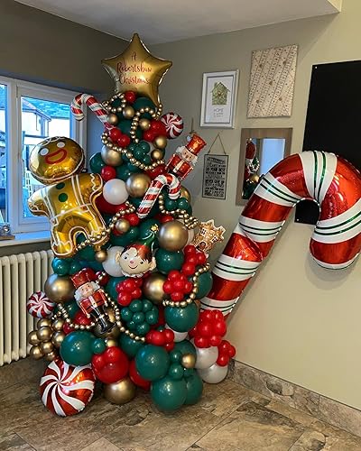 Miniatura 5 de Kit de arco de guirnalda de globos de Navidad, 98 globos rojos, verdes, dorados y blancos con caja de regalo de bastón de caramelo, globos de papel