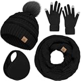 Winter Hat Scarf Gloves and Ear Warmer&comma; Warm Knit Beanie Hat Touch Screen Gloves Set Winter Gifts Neck Scarves for Women