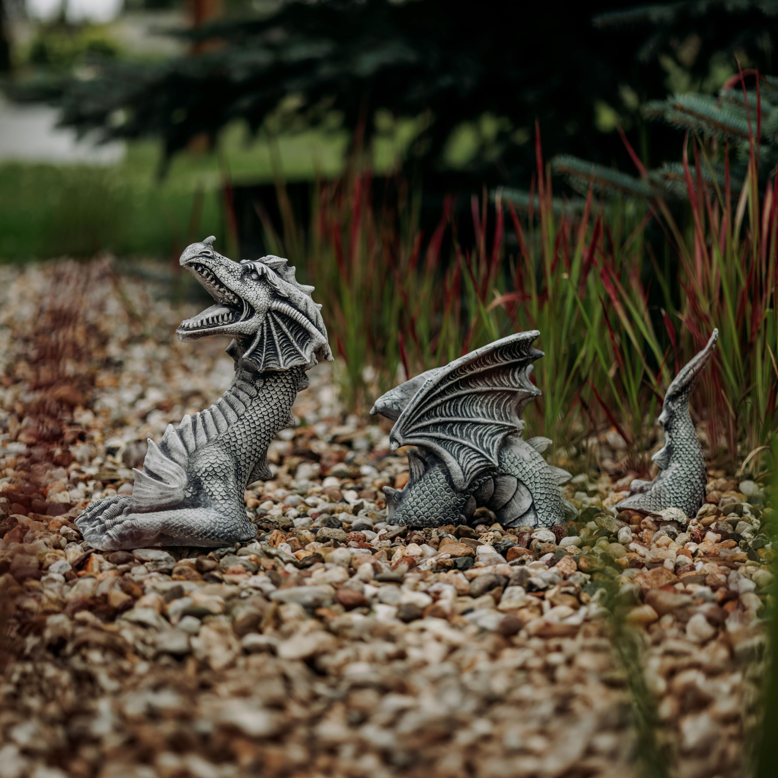 gartendekoparadies.de 3-teiliger Drache, Steinfigur, H. 35 cm, 11 kg, Grau, frostsicher aus Steinguss für Außenbereich