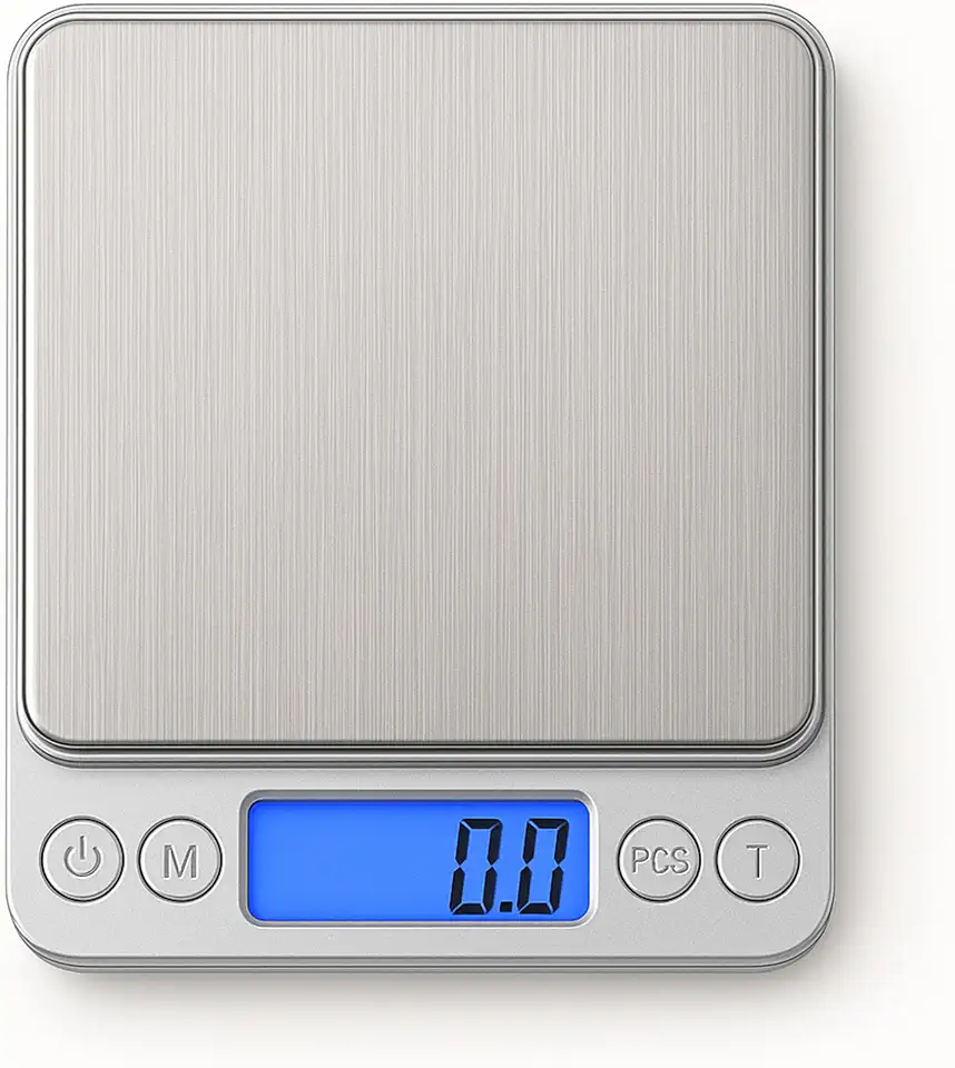 Balança de Cozinha Digital de Precisão 0,1g a 2kg com Visor LCD Azul, Função Tara, 6 Unidades, 2 Bandejas e 2 Pilhas