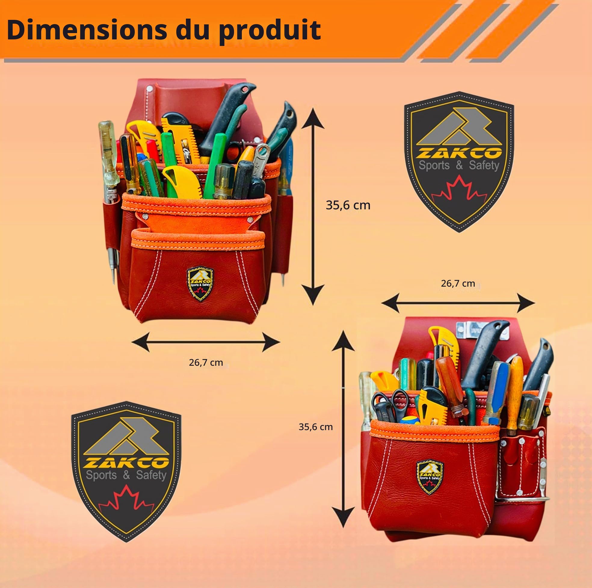 PRO-19 Ceinture à outils de construction multi-poches en cuir véritable grainé pour charpentiers, 2 pochettes en cuir pour encadreurs, bricoleurs, cloisons sèches et couvreurs