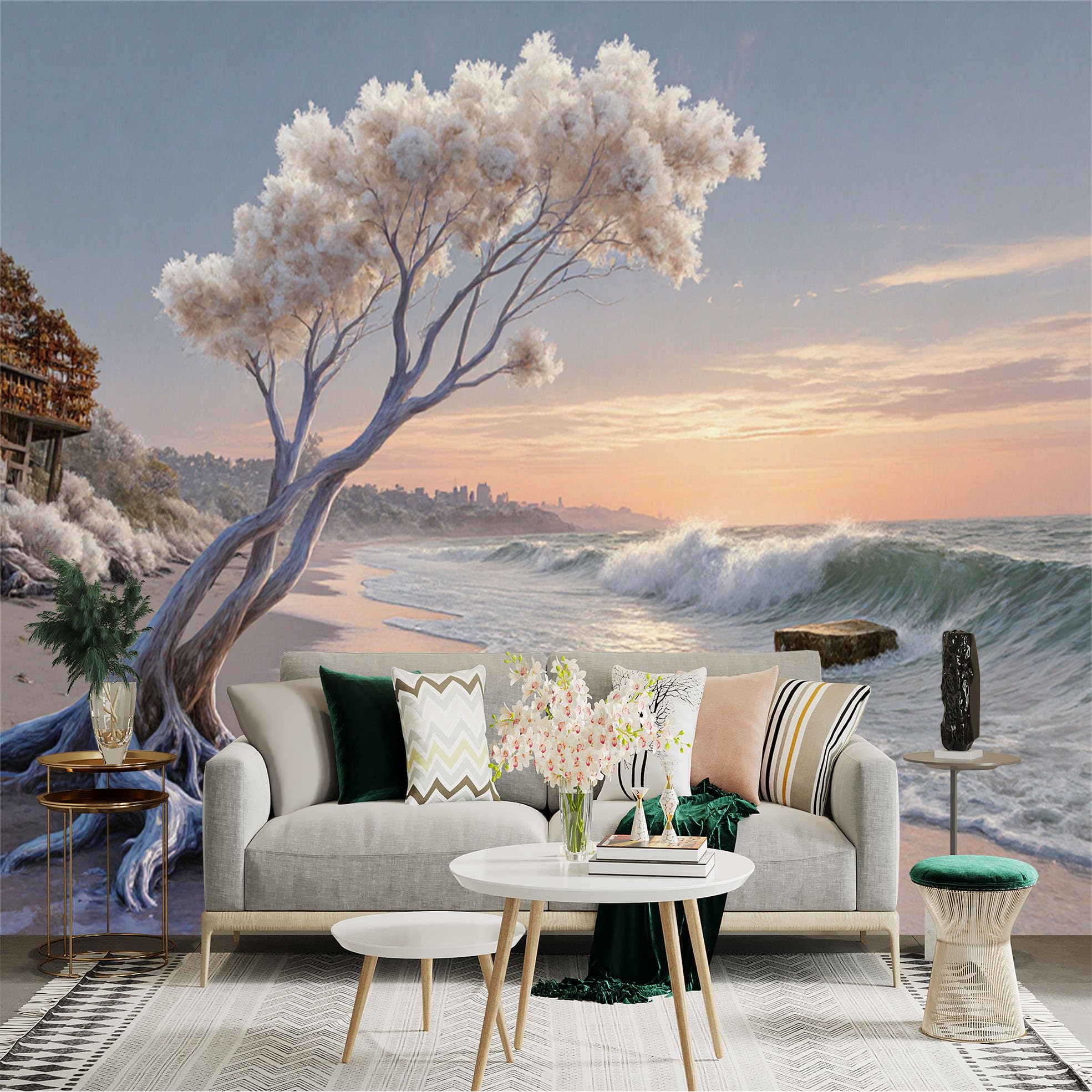 Lnzczhyre Xc260505673 Custom Size Wall Sticker Mural， White Tree On Sandy Beach， Ocean Waves At Sunset， Coastal Landscape Scenery， For Wall Decoration， Peelandstick Wall Decals.