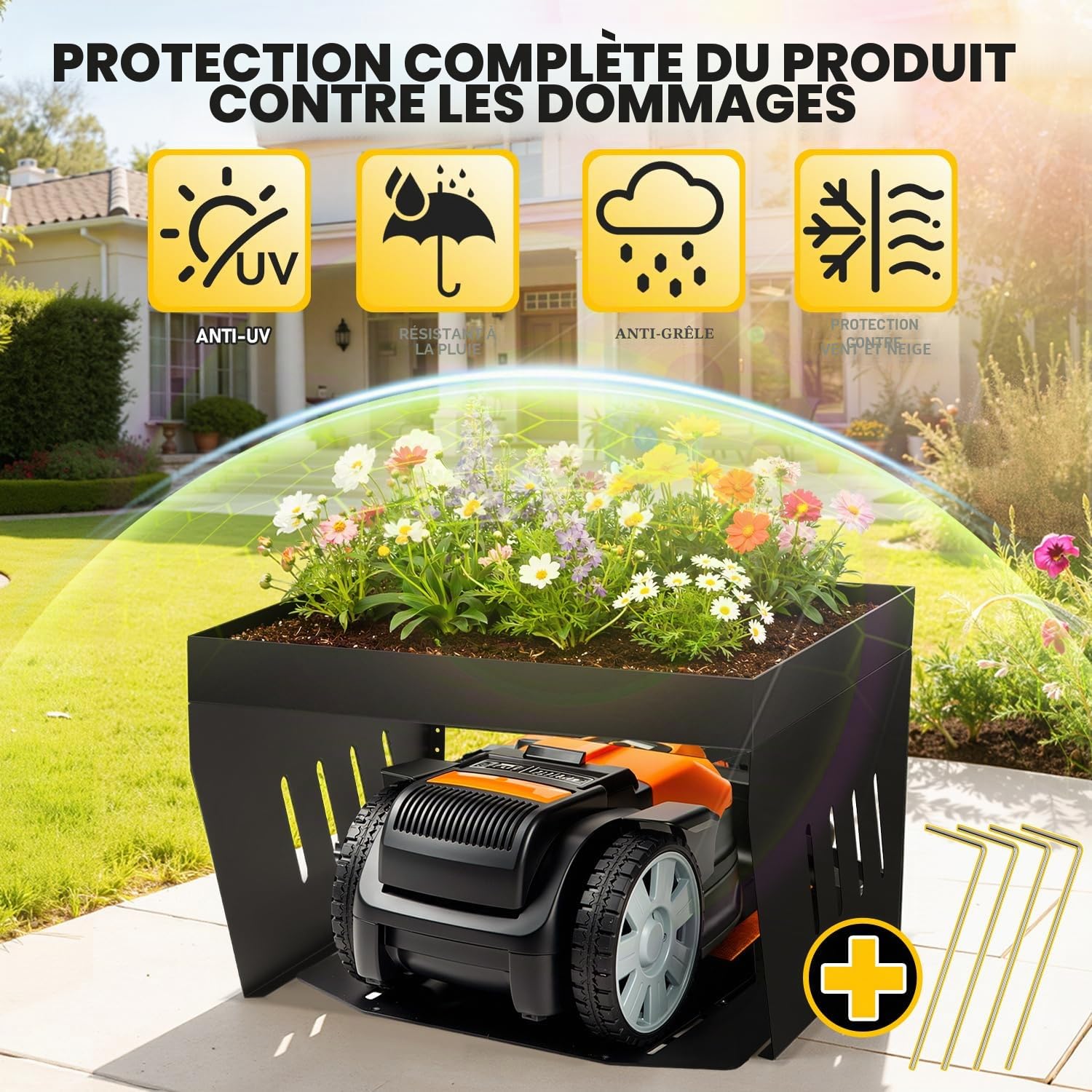 garage pour robot tondeuse, Garage pour robot tondeuse avec jardinière, Garage pour robot tondeuse résistant au vent et aux intempéries, Protégez le robot tondeuse des rayons UV, Abri en acier