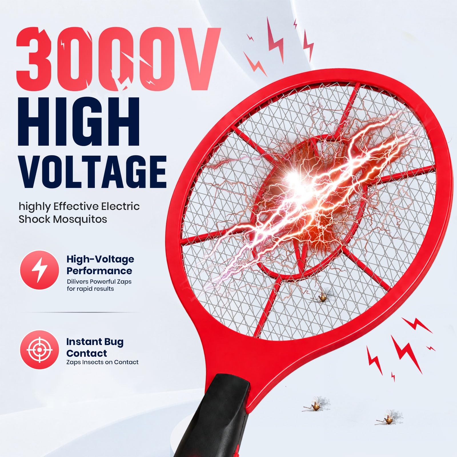 Elektrische Fliegenklatsche 2 Stück – 3000 V elektrischer Gitter-Bug-Zapper Schläger mit Sicherheitsnetz, Handmücken- und Fliegenvernichter für den Innen- und Außenbereich, AA-Batterien
