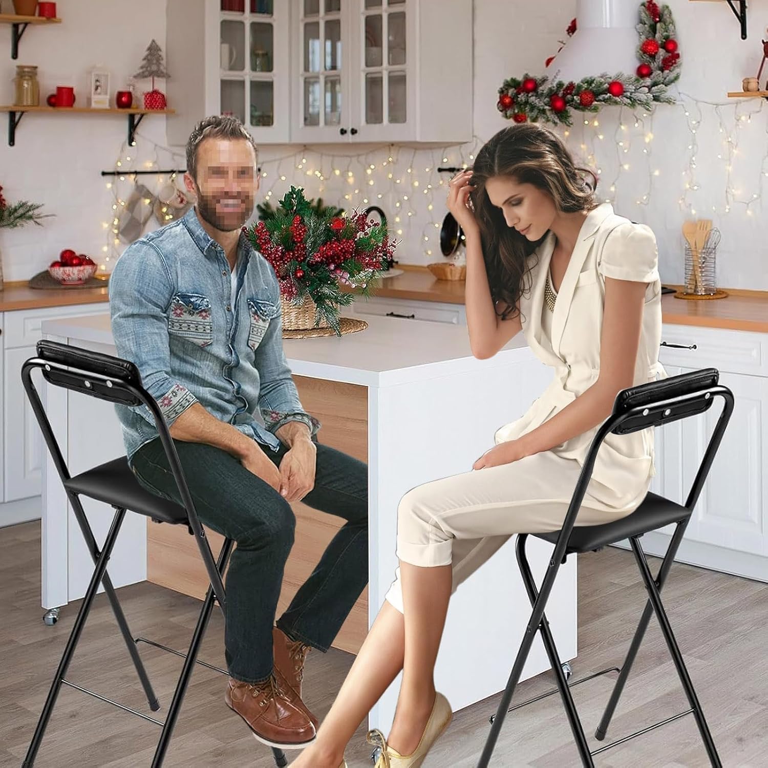 Folding Stool with Backrest and Footrest, 24″/26″/28″/30″ PU Padded Height Foldable Stool, Kitchen Breakfast High Chair, Portable Tall (Color : Black, Size 75cm/30in) (Black 70cm/