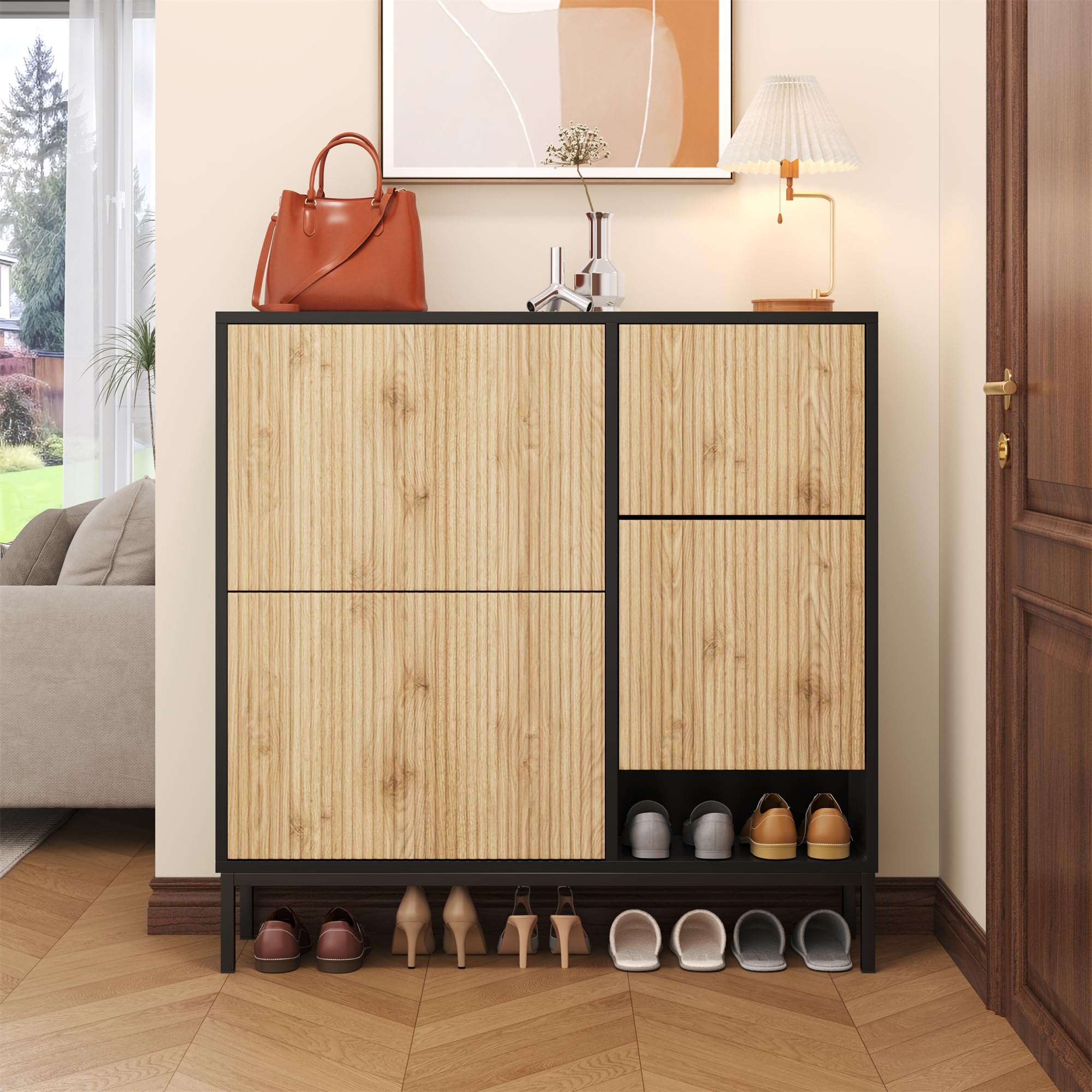 Szafka na buty z taboretem do wymiany butów, 100 x 100 x 25 cm, czarna i naturalna, MDF, 3 klapy, otwarta półka, na 12-16 par butów, do przedpokoju i sypialni