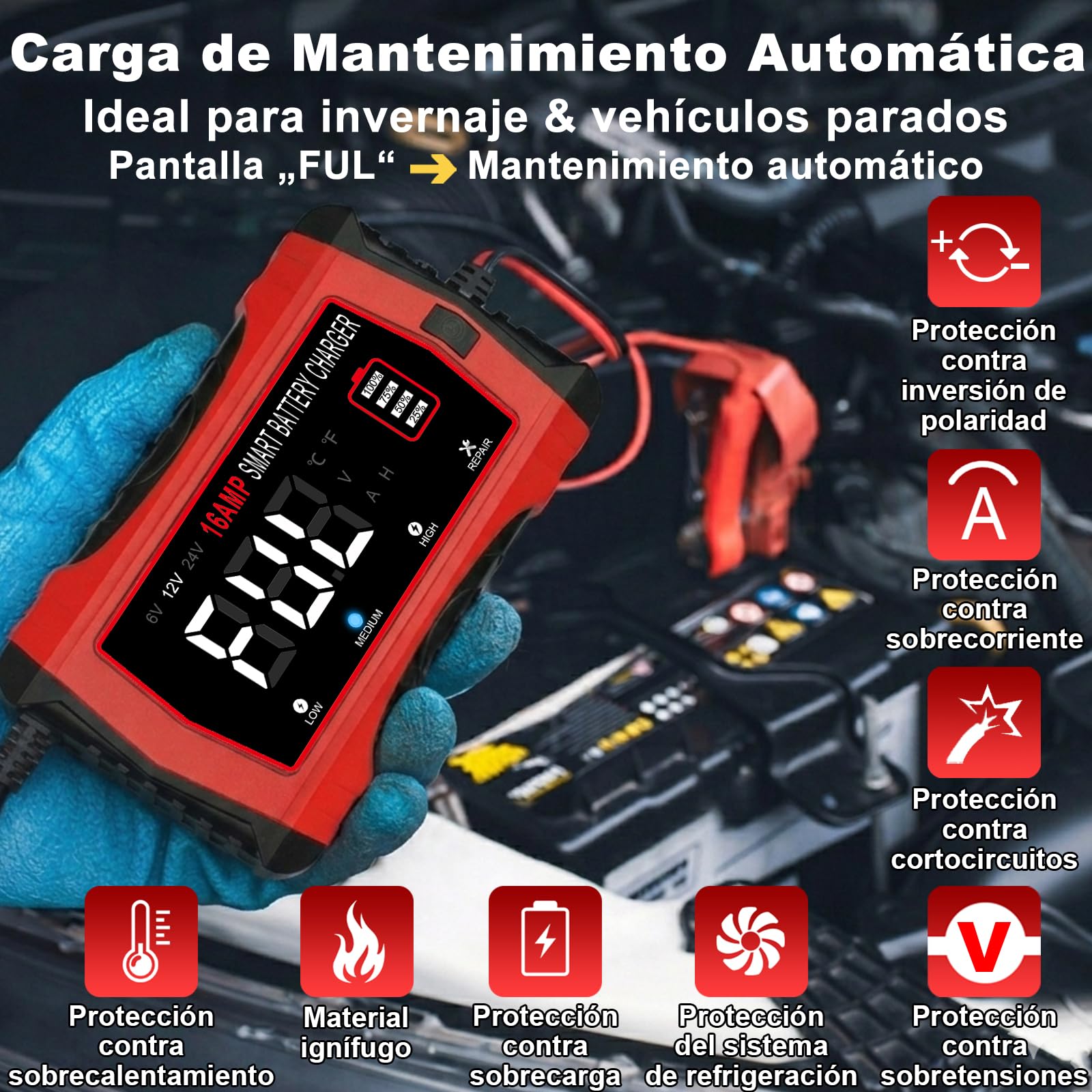 HTRC Cargador Baterias Coche 16A 6V/12V/24V, Cargador de Batería de Coche con Pantalla LCD Compatible con Barcos, SUV, Motocicletas y Baterías Litio, LiFePO4, Plomo-Ácido(AGM, Gel, MF, EFB, SLA, Wet)