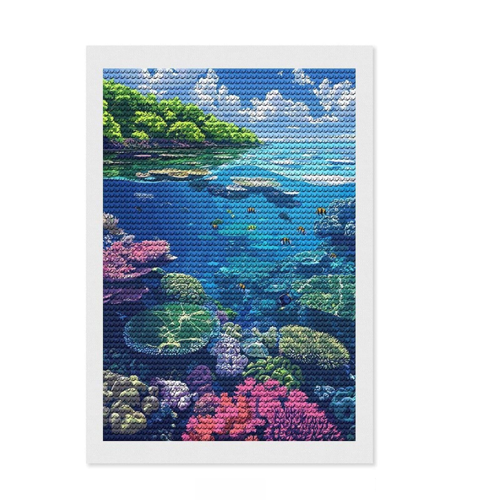 Junmoney Vibrant Coral Reef Ecosystem Illustration Round Drill Diamond Painting 8"x12", Printed Canvas, Office Decor, for Family Craft Time, Holiday Gift Idea