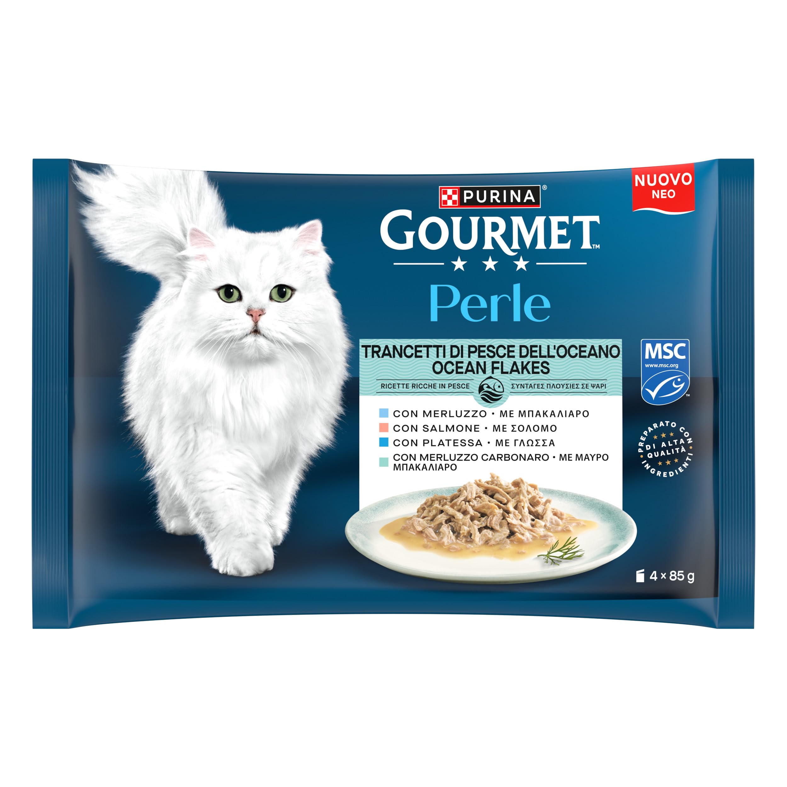 GOURMET PERLE Cibo umido per gatti Adulti Trancetti Pesce dell'Oceano con Salmone, Merluzzo, Platessa e Merluzzo Carbonaro 48 bustine da 85g
