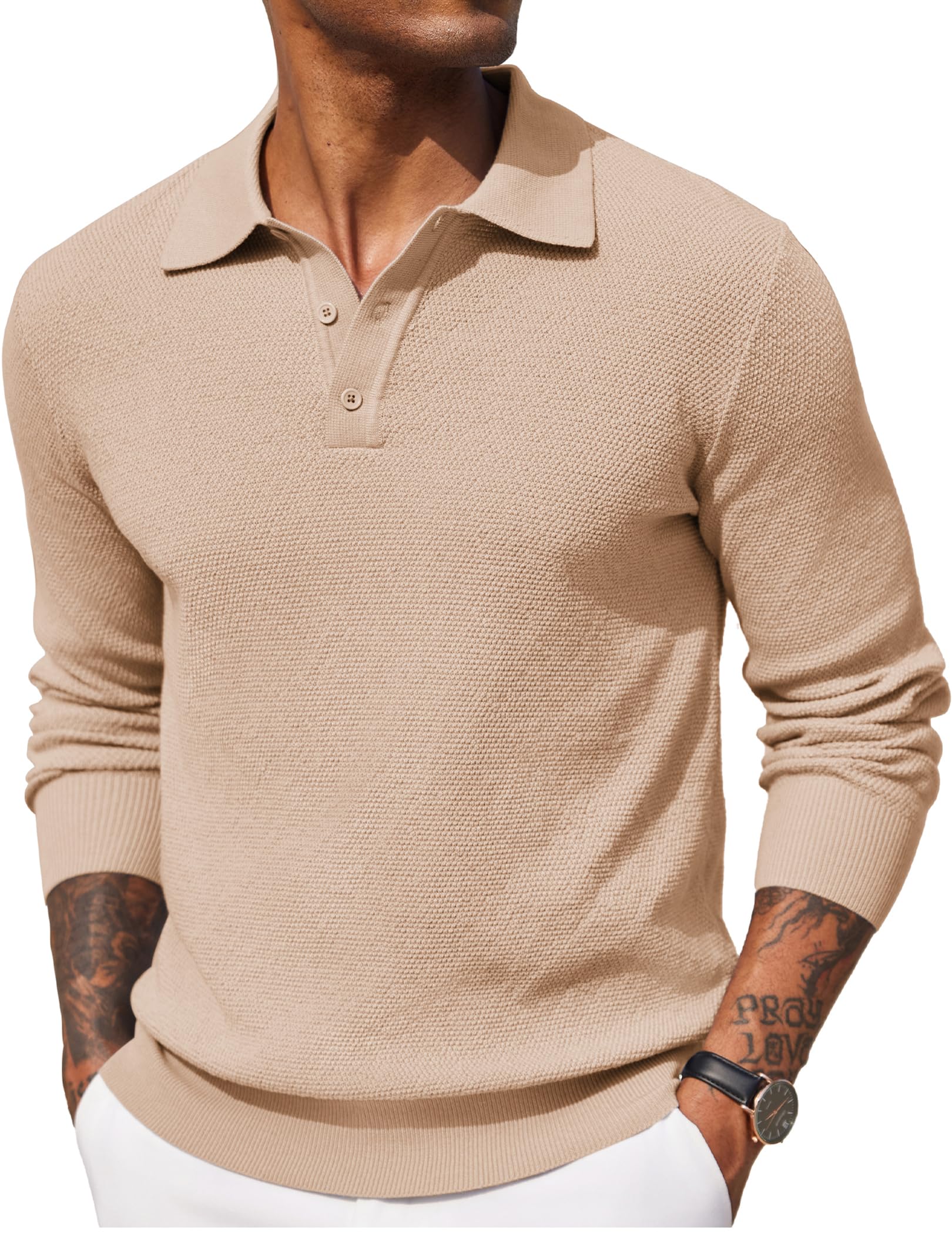 Men's Knit Polo Shirt Long Sleeve Casual Dress Pullover Sweater