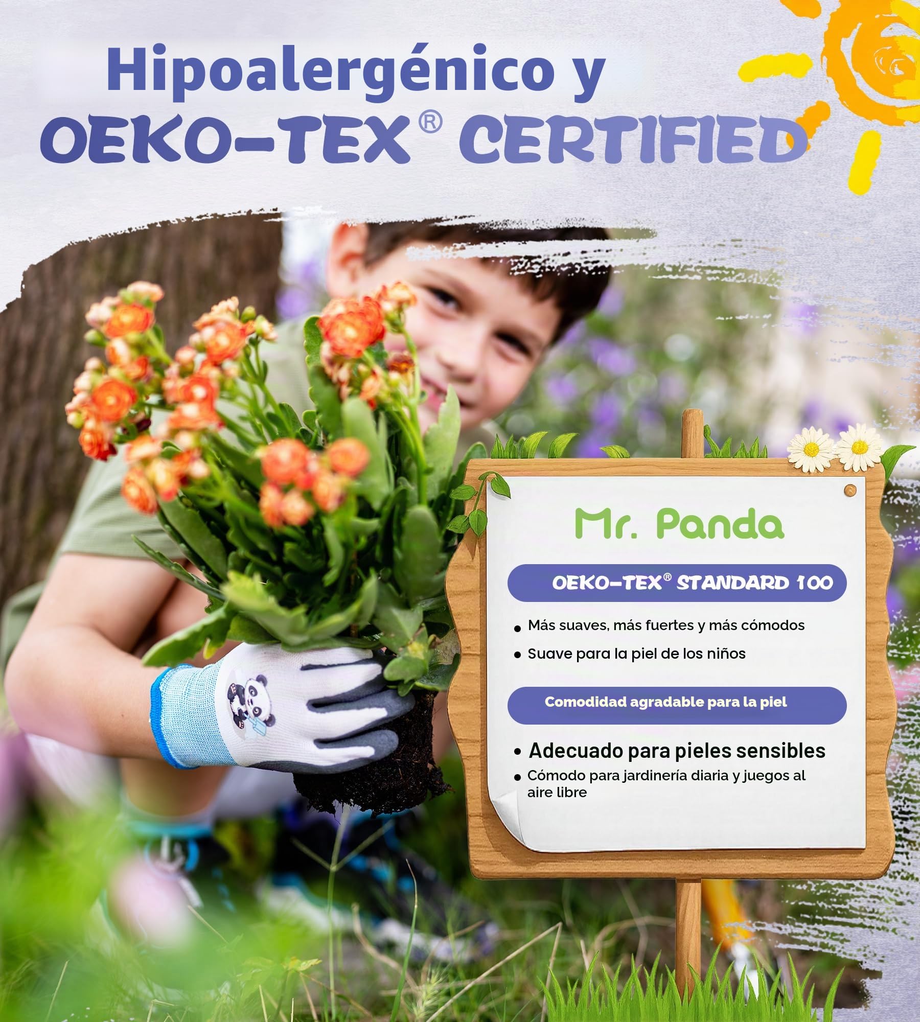 Mr.Panda 3 Pares de Guantes de Jardinería para Niños, para Edades de 2 a 4 Años, Aptos para la Piel, Guantes de Trabajo para Niños Pequeños, Talla 3/XXXS
