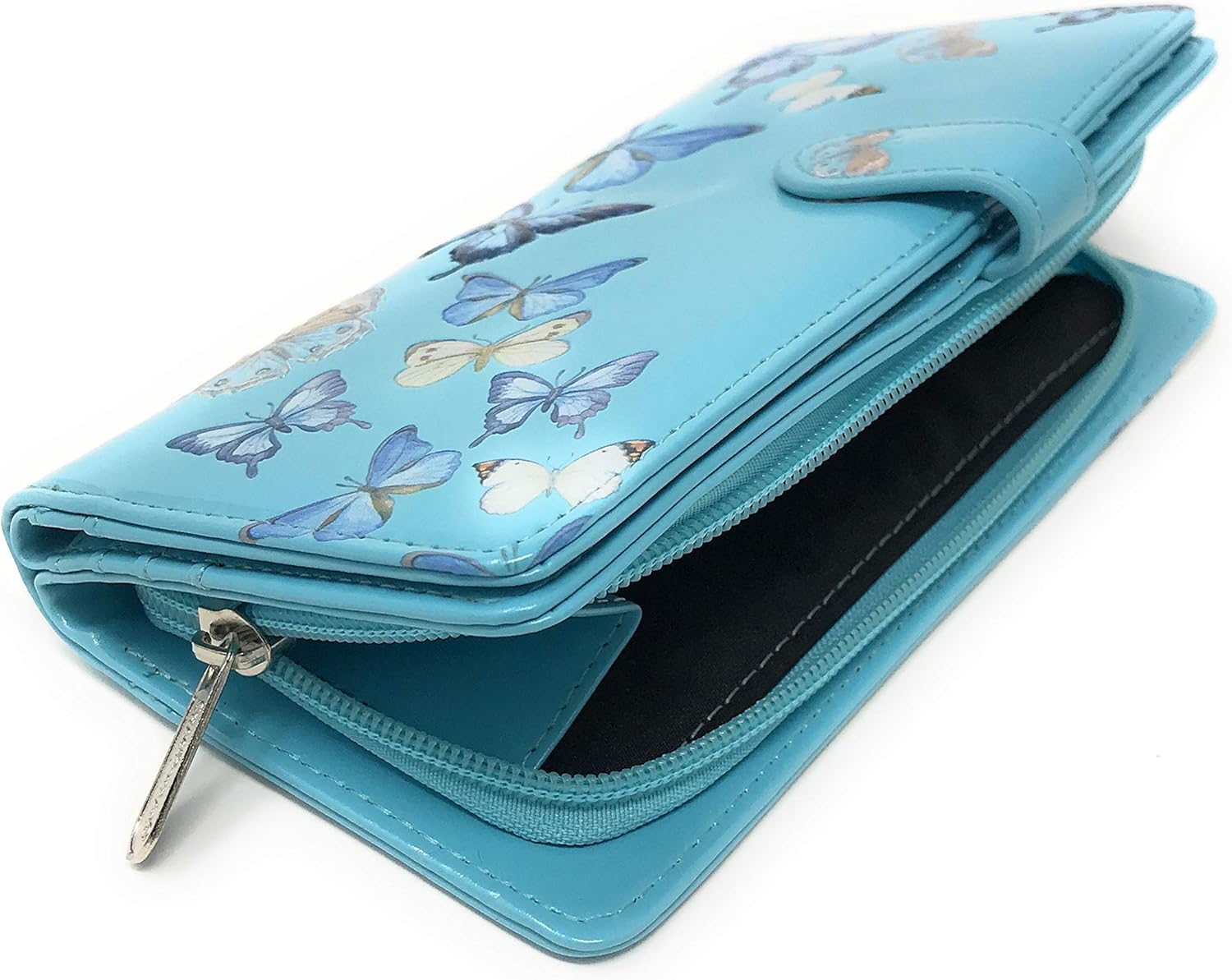 Shag Wear Butterflies Large Wallet for Women and Teen Girls Vegan Faux Leather 7" Blue