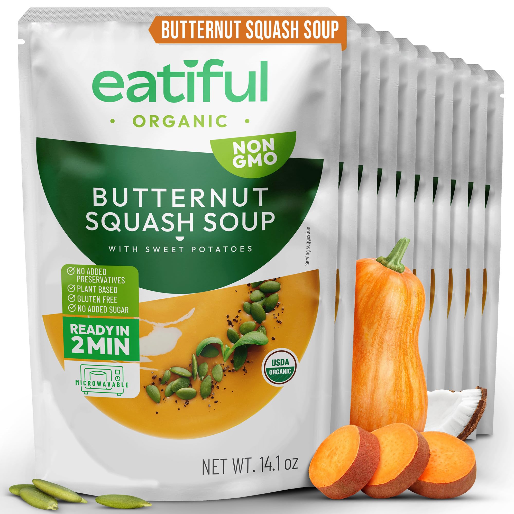 EATIFUL Sopa de Calabaza Moscada, Deliciosa Sopa de Calabaza Moscada Lista Para Comer con Boniatos, Elaborada con Verduras Ecológicas, de Origen Vegetal, sin Gluten y OMG, 400g (Paquete De 10)