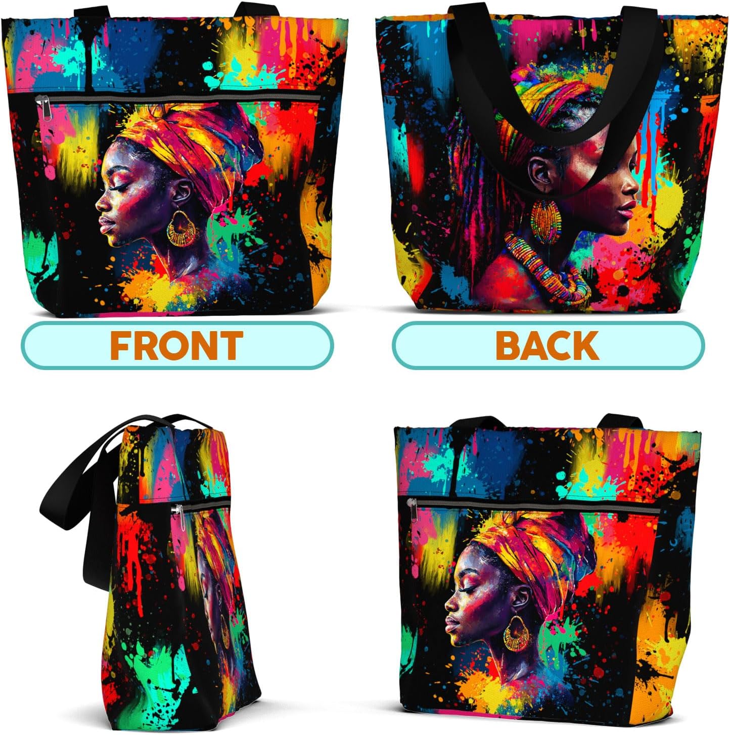 84hoods Large Waterproof Tote Bag with Pockets and Zipper. Shoulder Bag for Women. Africa Gift for African American.