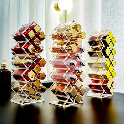 Miniatura 7 de Paquete de 4 soportes de acrílico para lápiz labial, 64 ranuras, organizador de brillo de labios transparente, apilable, en forma de pez, lápices