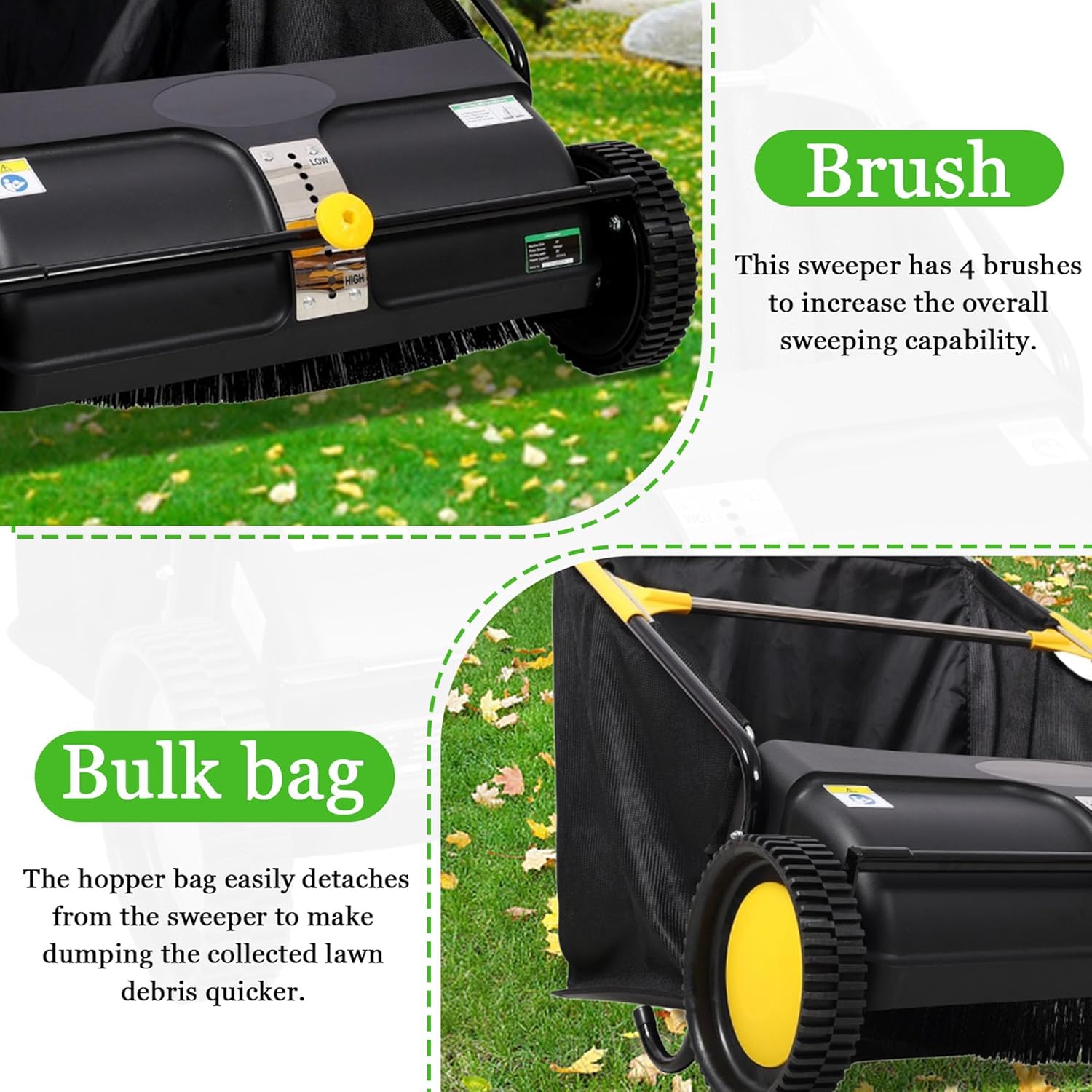 26 Inch Push Lawn Sweeper, Hand Leaf Collector Lawn Sweeper with Adjustable Hight, Leaf Sweepers with 4 Spinning Brushes & Wheels for Yard Garden Grass, 7 Cu. Ft. Hopper Capacity (Black +26 inch)