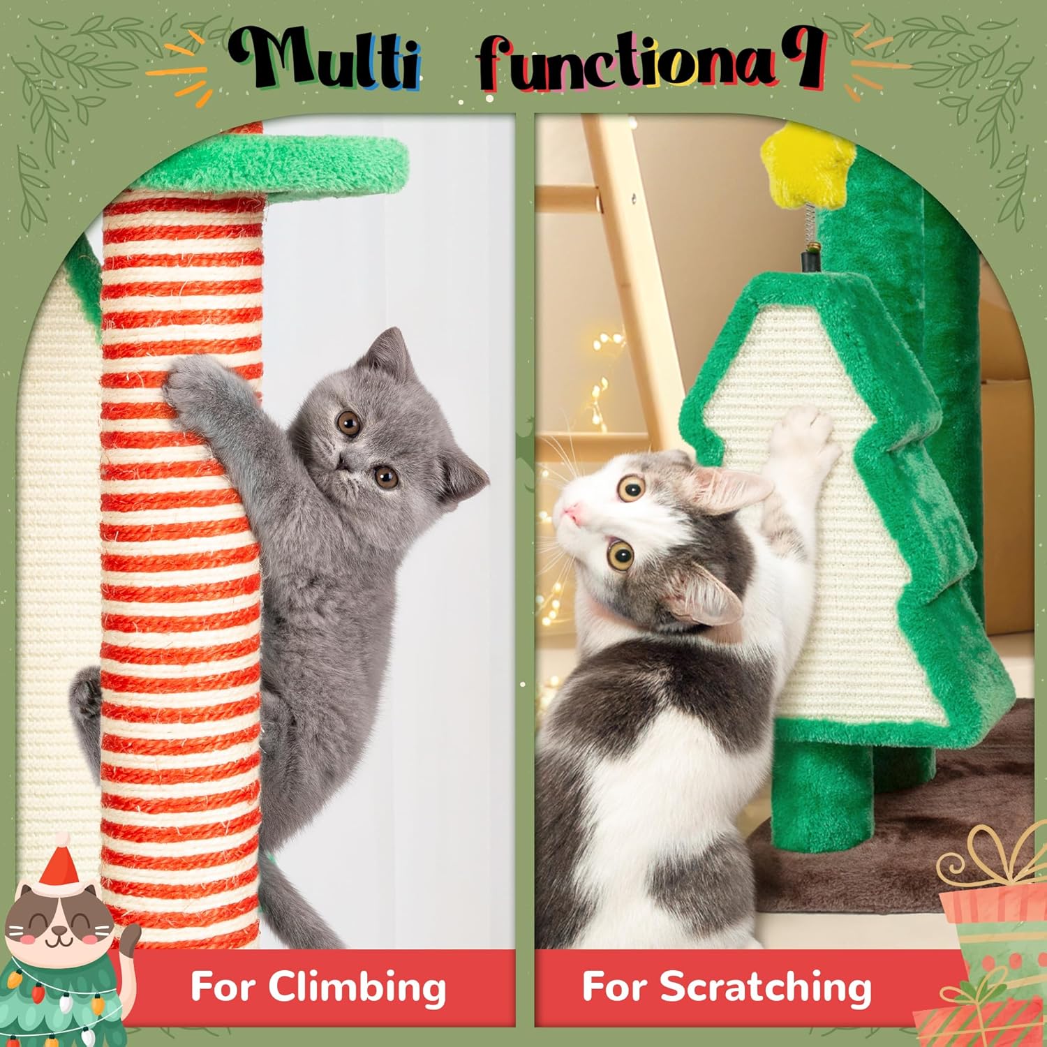 NUNU LAB Christmas Cat Tree, Multi-Level Cat Tower, Modern Cute Cats Tree, with Cat Condos, Sisal Ramp Scratching Posts, Cozy Basket, for Indoor Use (KM057)