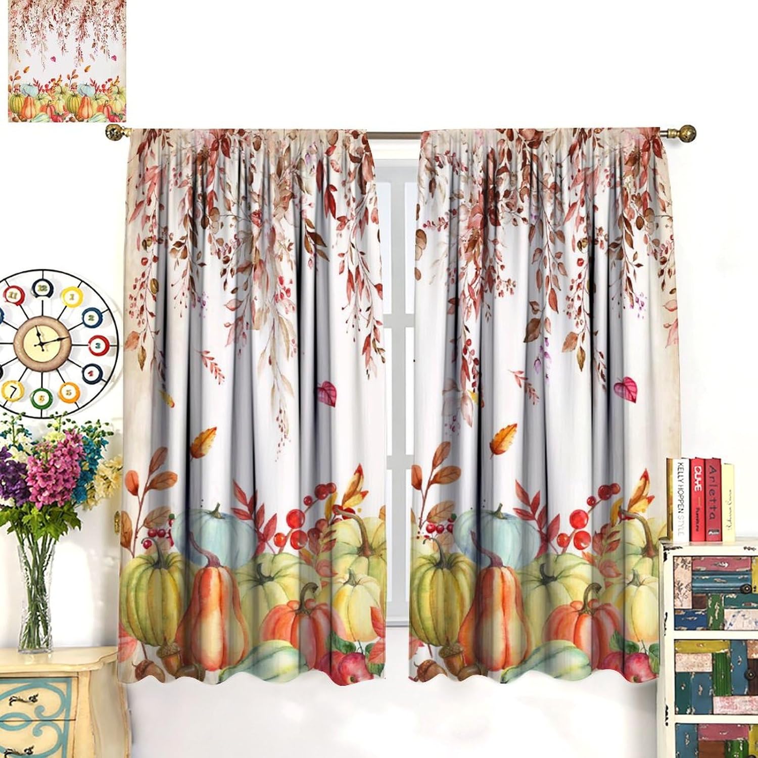 Fall Kitchen Curtains Thanksgiving Day Leaves Pumpkin Autumn Retro Vintage Farmhouse Window Treatments for Kitchen Living Room Bedroom Drapes 2 Panels 42x45 Inch