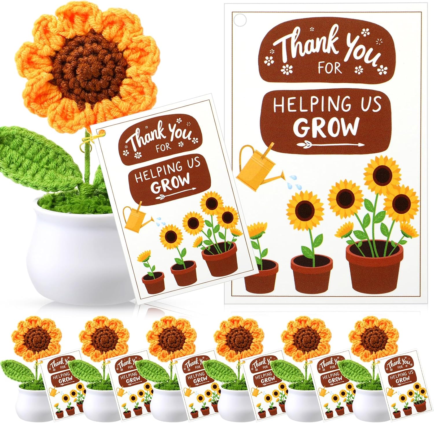 Soaoo 12 Sets Teacher Gifts Crochet Flowers with Thank You for Helping Me Grow Cards Appreciation Gifts for Teachers Coworkers Mentors Bosses Desk Decor(Sunflower)