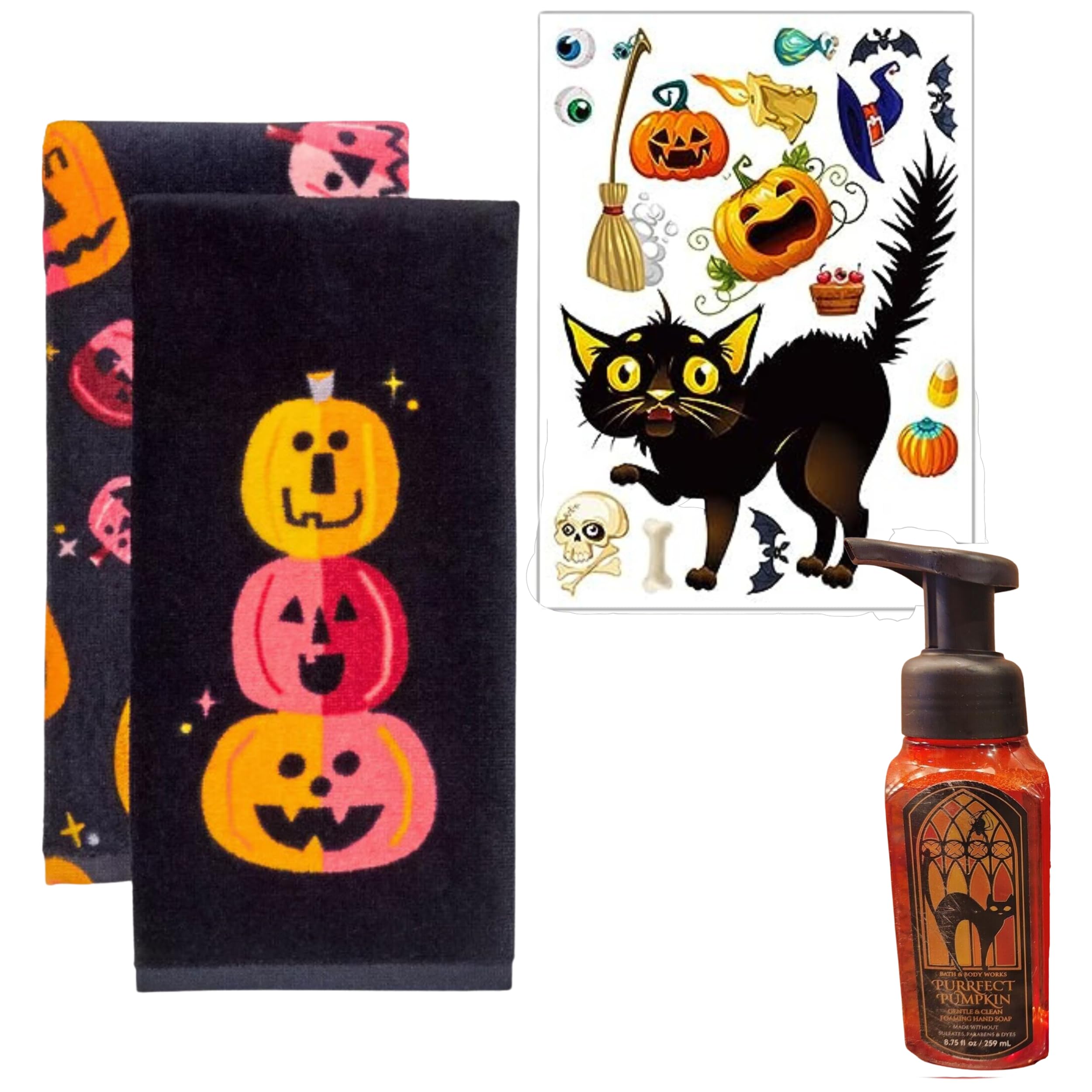 Home Concepts Halloween Spooky Bathroom Decorating Set Bundle Including - 2 Hand Towels, 1 Foaming Hand Soap, and Decorative Clings for Mirror (Pumpkins)