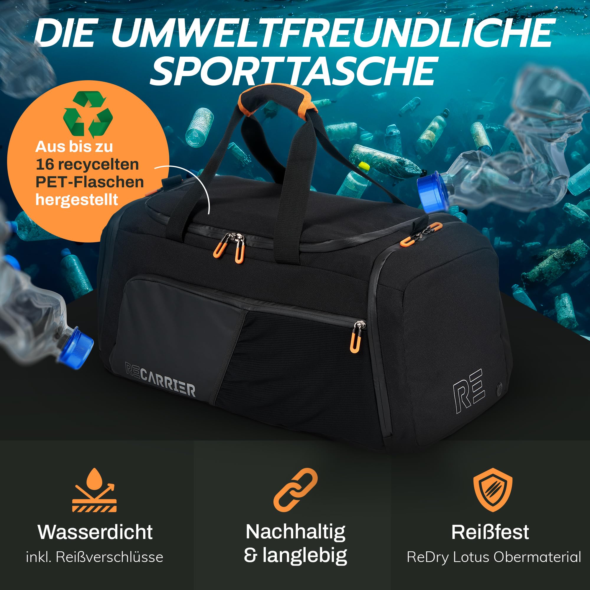 Sporttasche [RECYCELTES PET] 50L – Gym Bag und Rucksack in Einem – wasserdichte Trainingstasche Herren Damen – Sportrucksack mit Schuhfach Fitness, Reisetasche groß