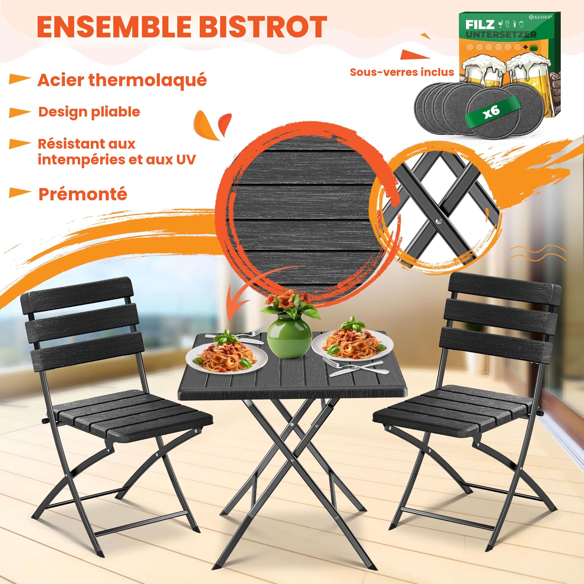 KESSER Ensemble de Bistrot 3 Pièces Pliable Acier Bois Balcon Résistant Intempéries UV