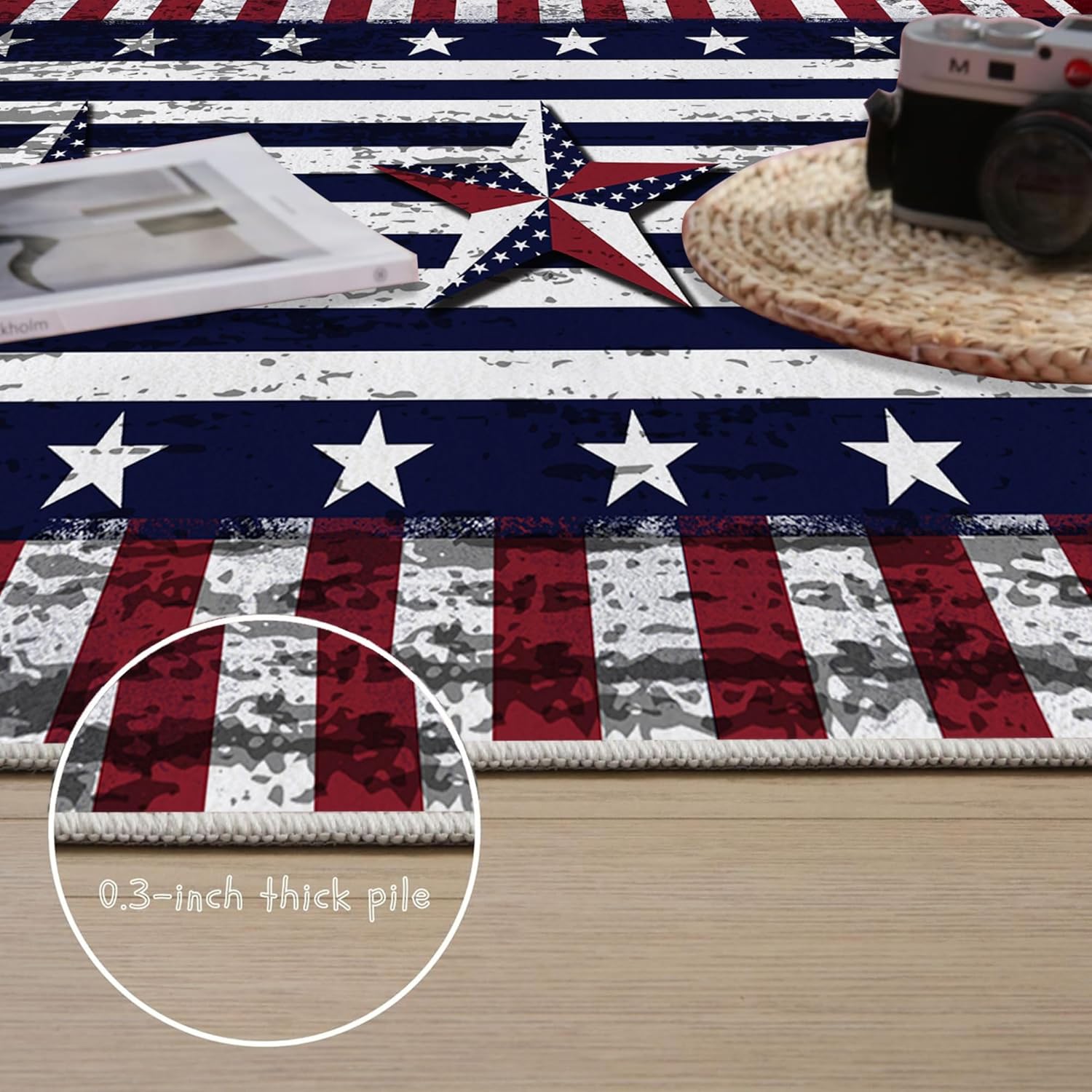 Vintage American Flag Rug 2x10ft Independence Day Hallway Rugs Washable Patriotic Themed Blue White Star Stripe USA Flag Carpet Runner for Entry Kitchen Bedroom Non-Slip Rug