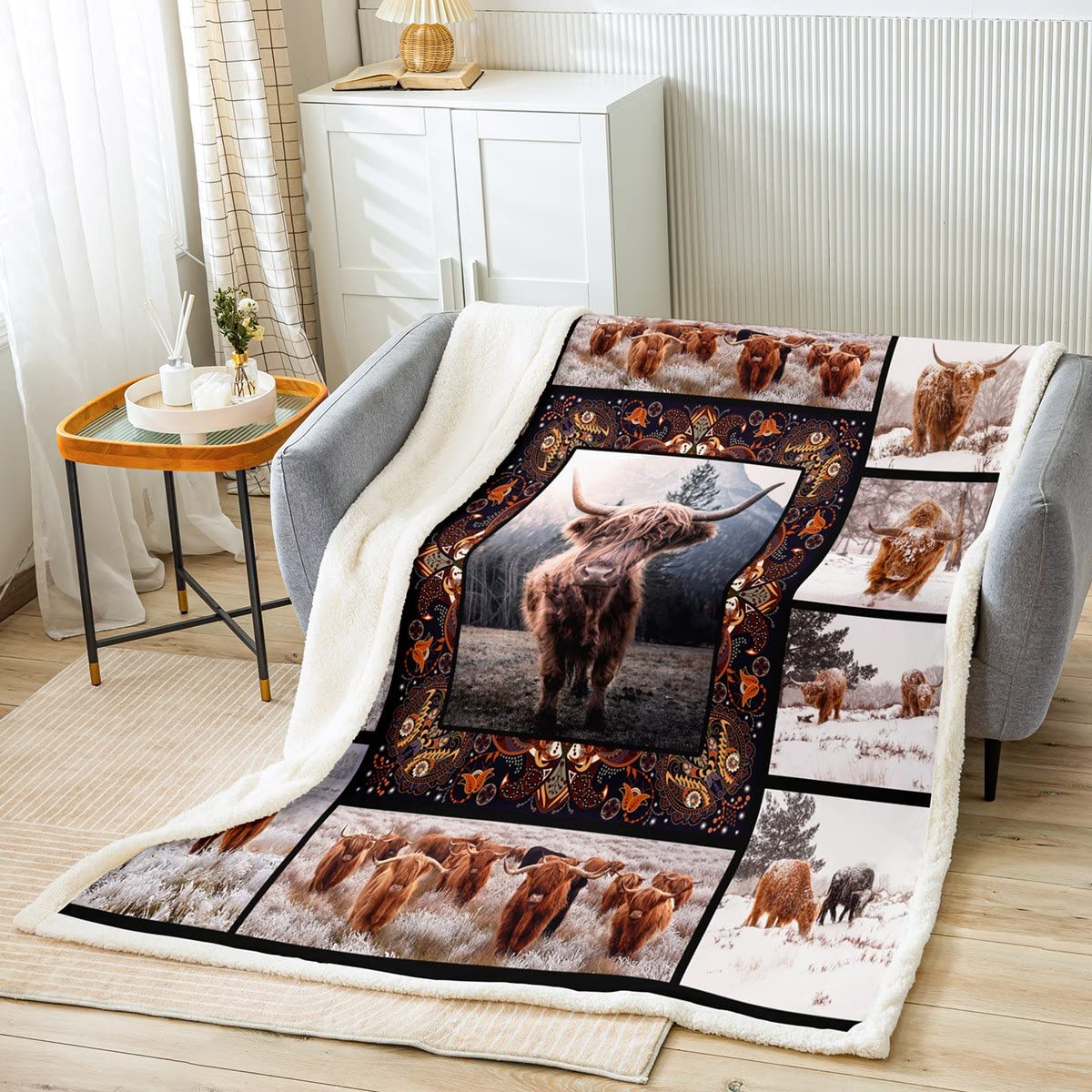 Highland Couverture pelucheuse en polaire Sherpa pour lit et canapé Marron 152 x 200 cm