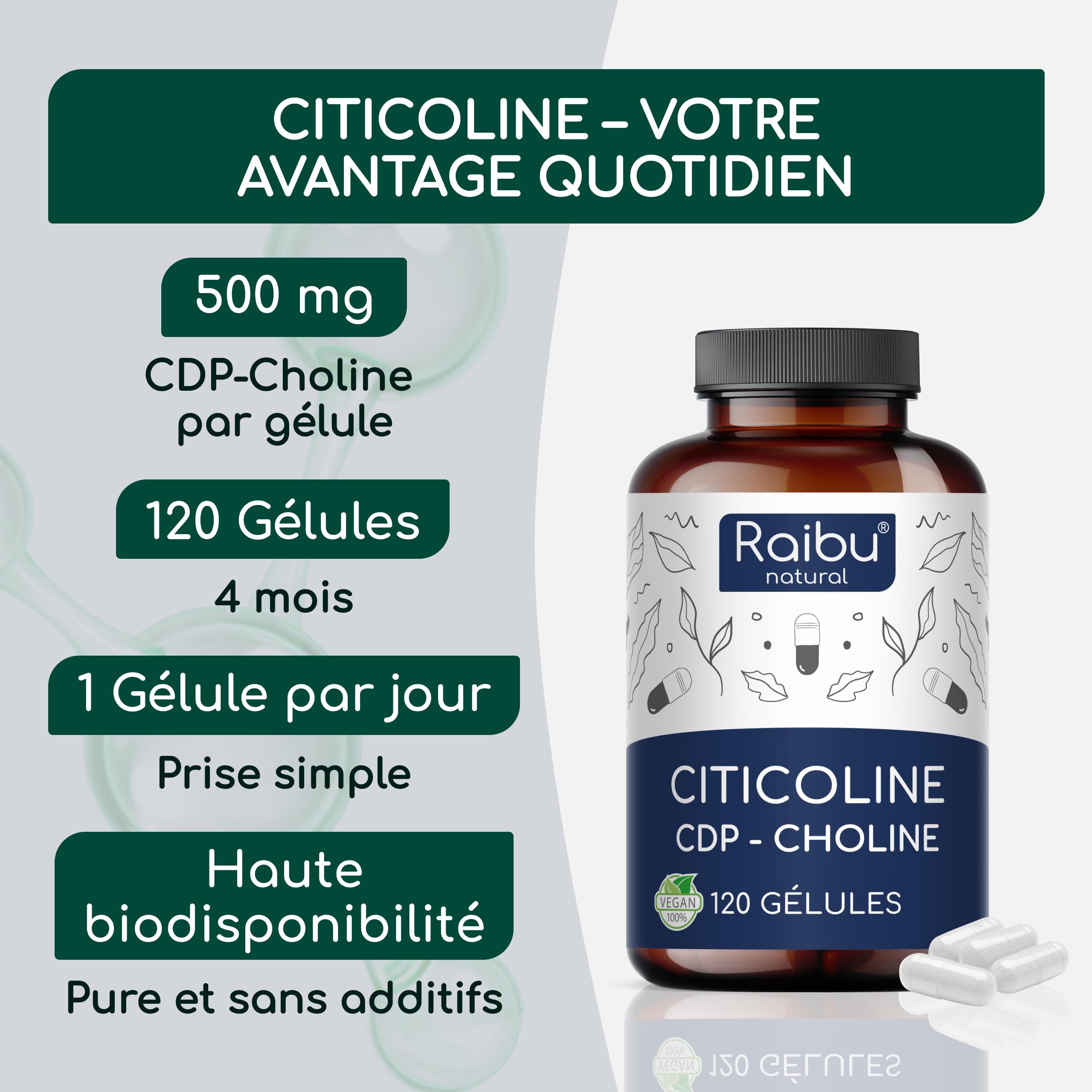 CDP-Choline (Citicoline) 500 mg - Cure de 4 Mois, 1 Gélule par Jour - Forme Bioactive de Choline - 120 Gélules de Citicoline - Sans OGM, Sans Additifs, Végan, Testé en Laboratoire