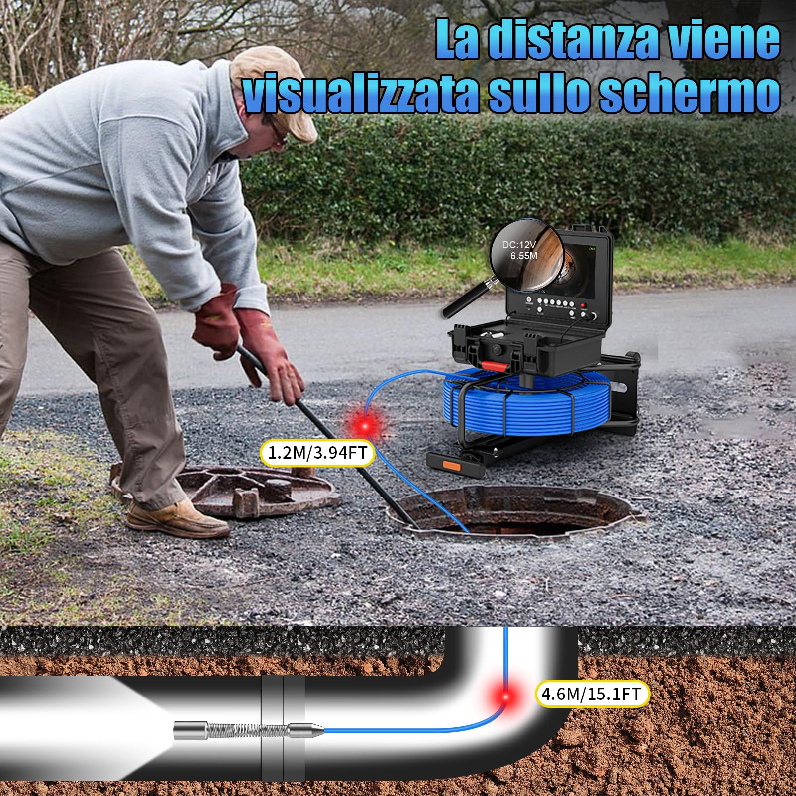 Telecamera di Ispezione 50m con DVR, Sonda con Telecamera Contatore di Distanza, Display a IPS da 9", Videoispezione per Tubazioni Impermeabile, Telecamera Endoscopica, Cavo di 7 mm più spesso