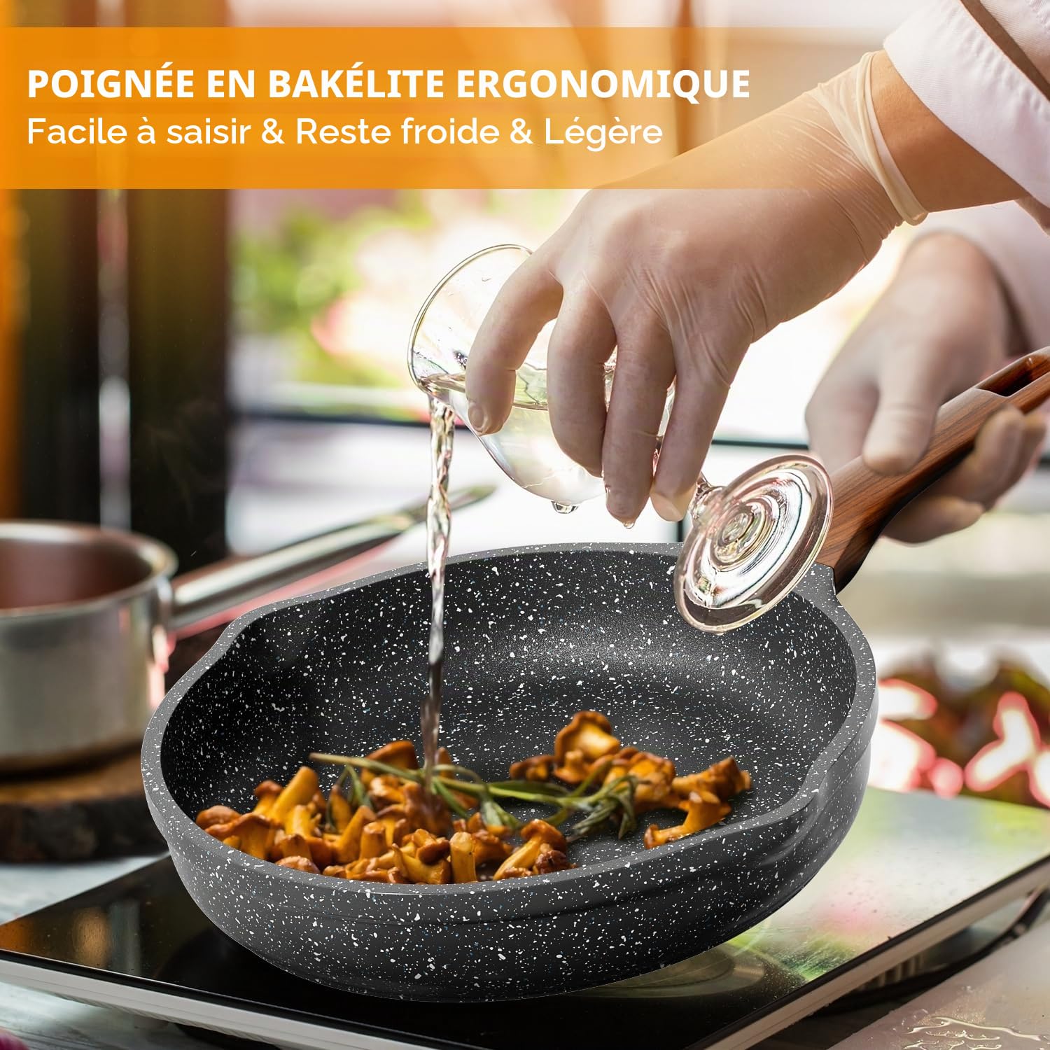 RIOVARM Induction Set de poêles avec Couvercles Antiadhésif Set de poêles à frire 20 cm 24 cm 28 cm Granit Poêle à omelette sans PFOA Marbre Batterie de cuisine avec poignée résistante à la chaleur