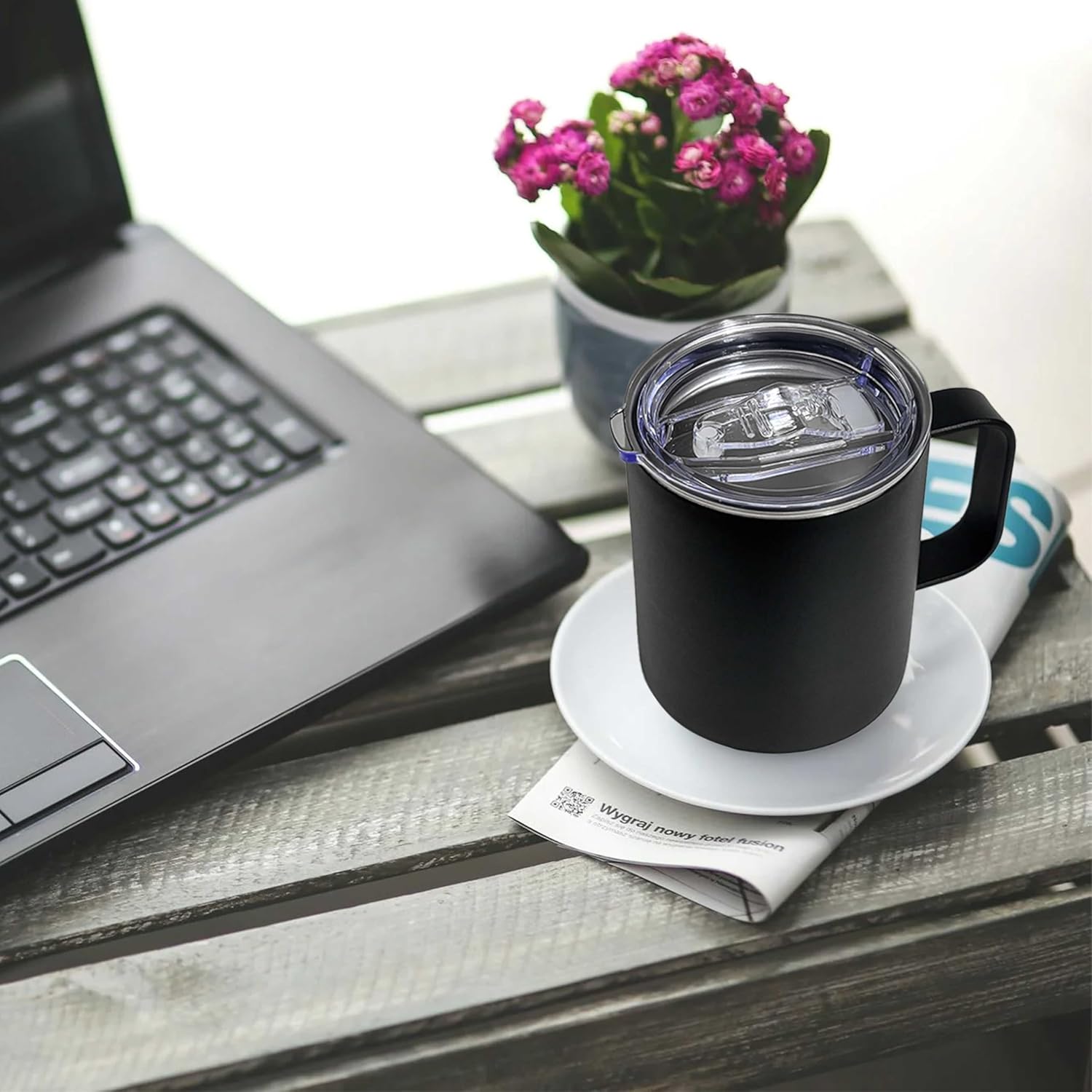 YOUKE OLA 16 Pack Stainless Steel Insulated Coffee Mug Bulk with Handle & Lids, Powder Coated 12oz Vacuum Insulated Double Wall Mug for Laser Engrave, Black - Image 4