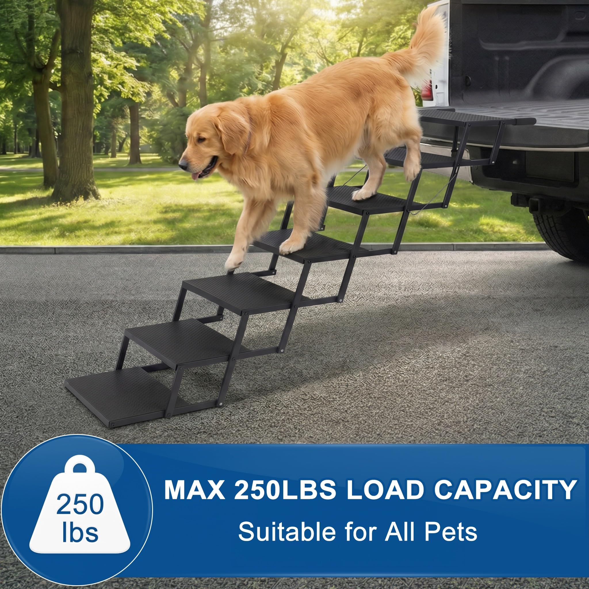 Escalier Pliable pour Chien - pour Grands Chiens (jusqu'à 113 kg) et Vieux Chiens - Aide à l'entrée en Voiture - pour SUV, Camion, Coffre - avec Insert antidérapant - 7 marches