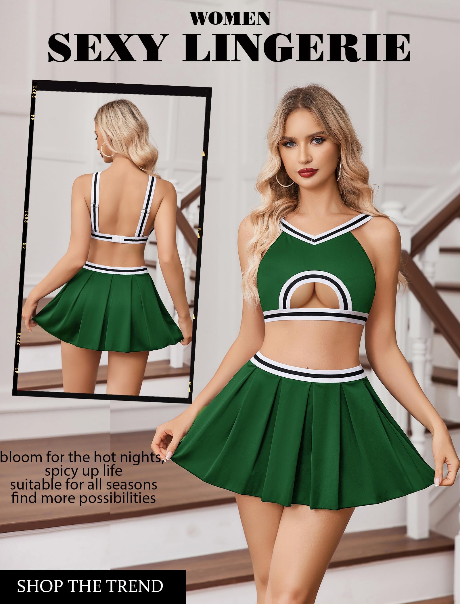 Avidlove Lingerie for Women Sexy Mini Skirt Cheerleader Costume Hollow Crop Top Y2K Pleated Skirts Set Cosplay Rave Outfit: Green XX-Large