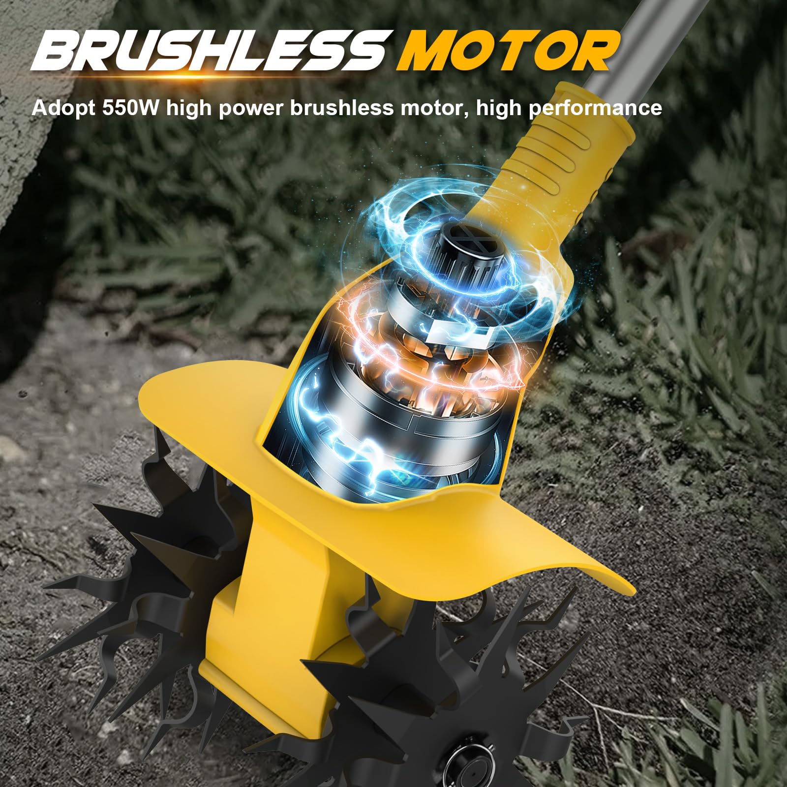 Azada de suelo inalámbrica compatible con batería Dewalt de 20 V, batería de 500 W, 20 cm de profundidad de labranza, 16 cm de ancho de mecanizado, 360 rpm, sin escobillas, plegable, fresadora