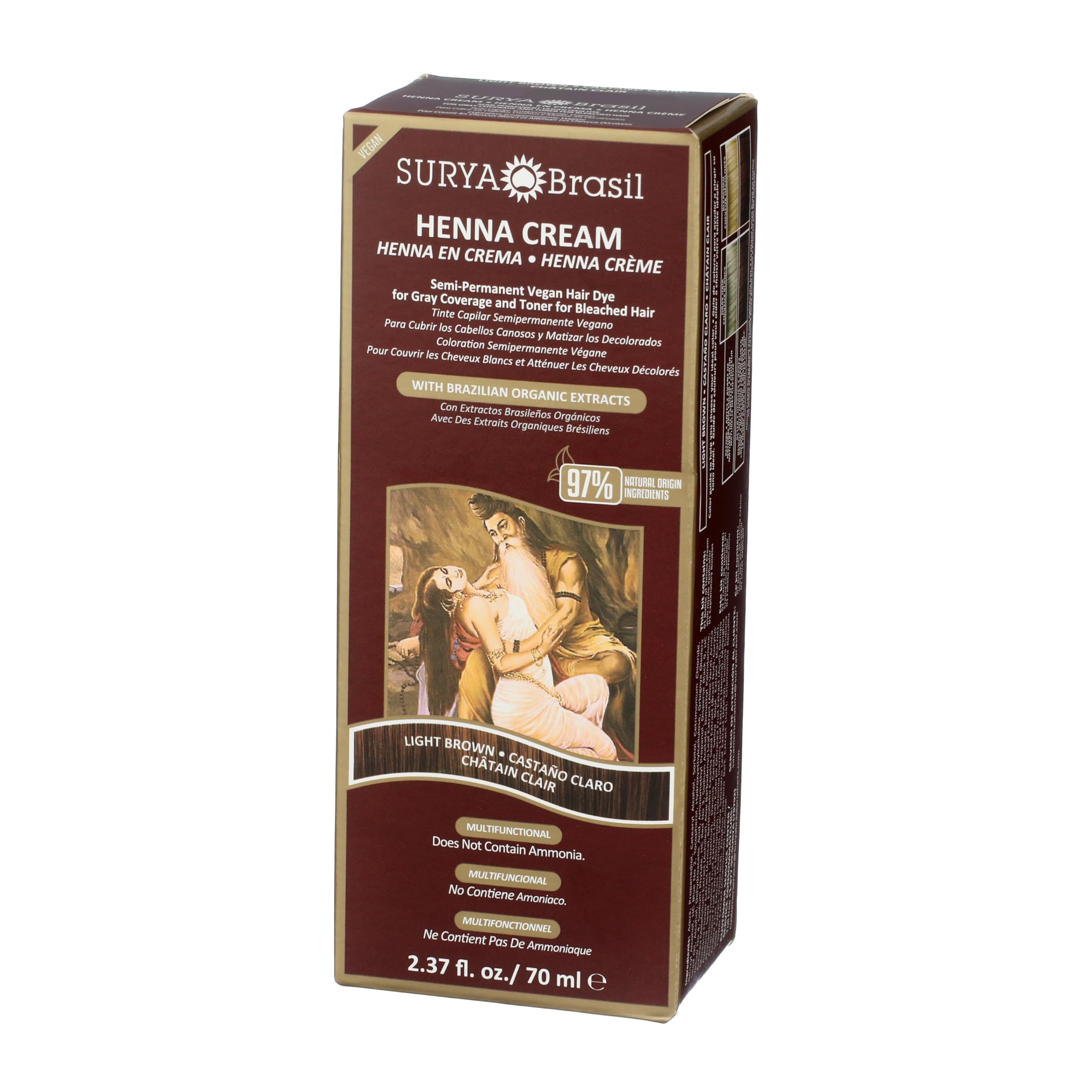 Surya Brasil Light Brown Natural Henna Cream Hair Color Treatment for Gray Hair Coverage, Deep Conditioning Semi Permanent Hair Dye, 2.37 oz / 70 ml