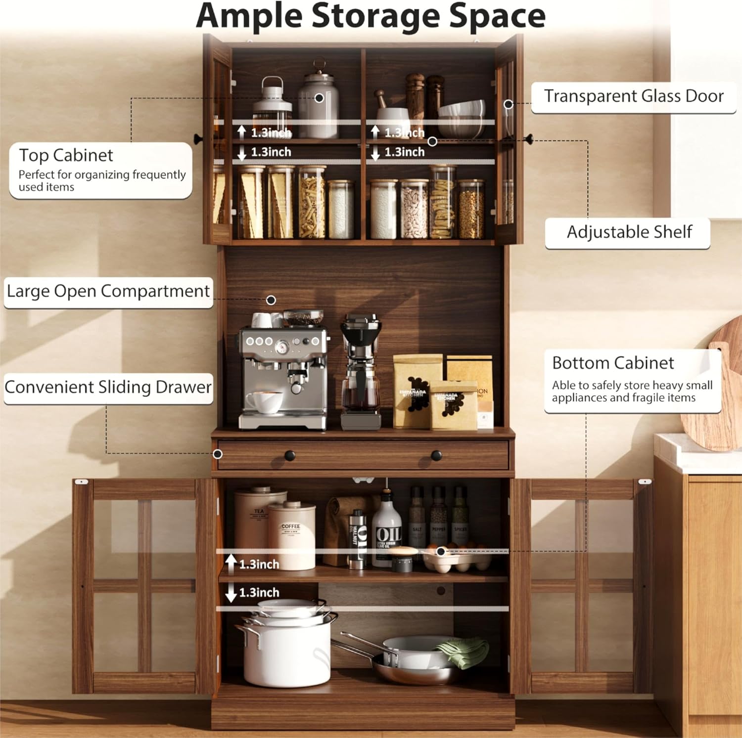 Garvee 72 Inch Kitchen Pantry Cabinet with Glass Doors, Drawer and Adjustable Shelves, Farmhouse Tall Storage Cabinet with Open Countertop, Coffee Bar Cabinet for Coffee Corner, White