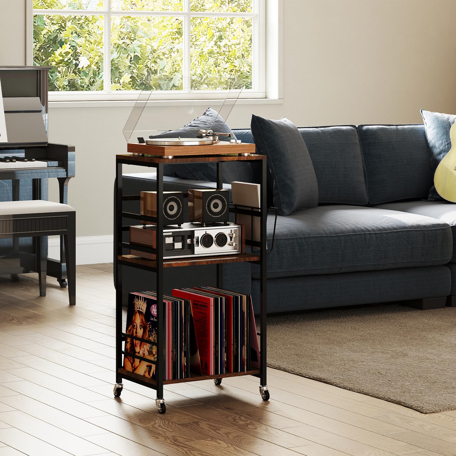 tonchean Soporte para tocadiscos, de 3 niveles, en vinilo, con ruedas, almacenamiento de discos, mesa auxiliar para salón, dormitorio, oficina