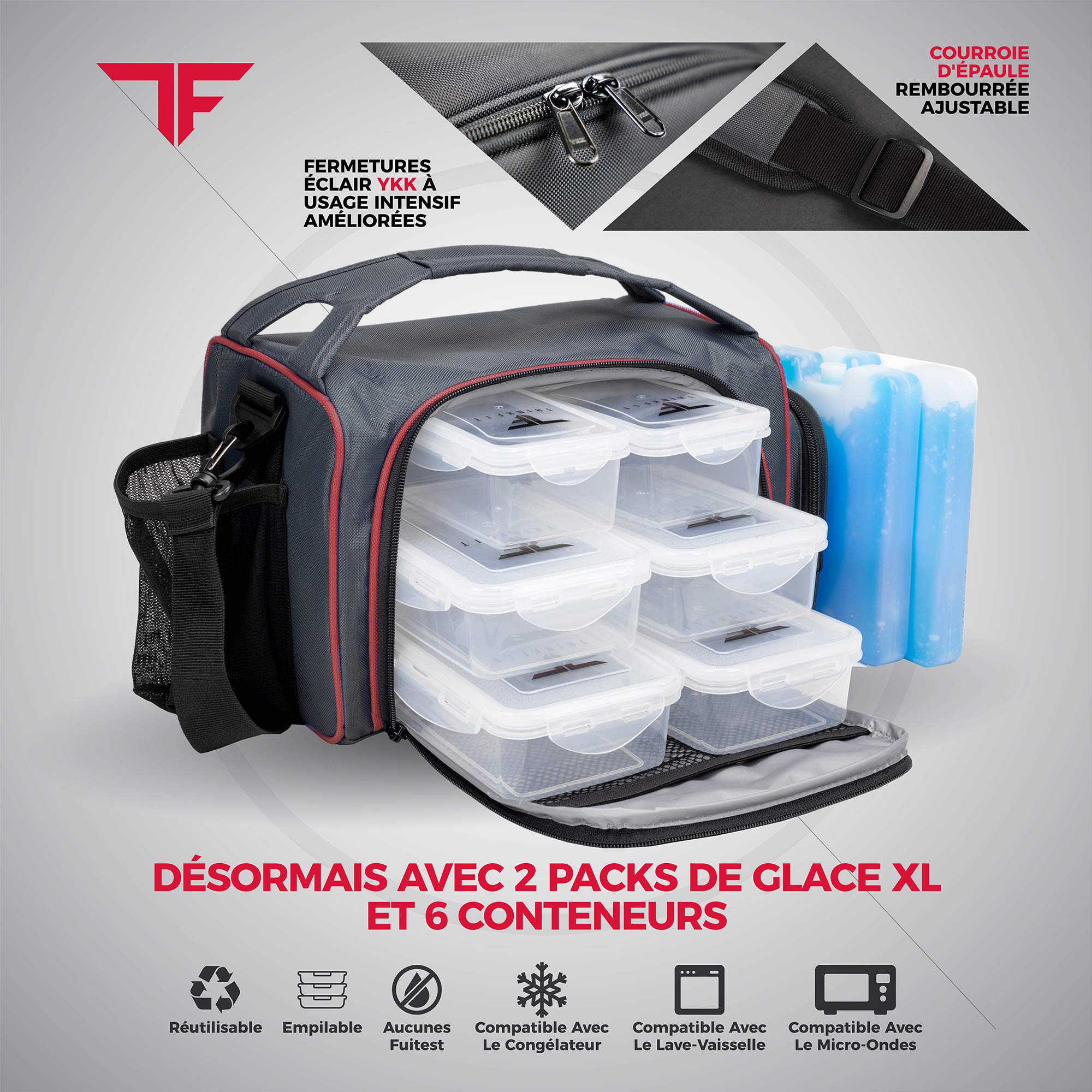 ThinkFit Sac Isotherme Repas, Sans BPA - 6 Boîtes à Lunch pour Aliments Allant au Micro-Ondes et au Congélateur, Bouteille de Shaker, Boîte à Comprimés - Boite Hermetique Alimentaire - Rouge