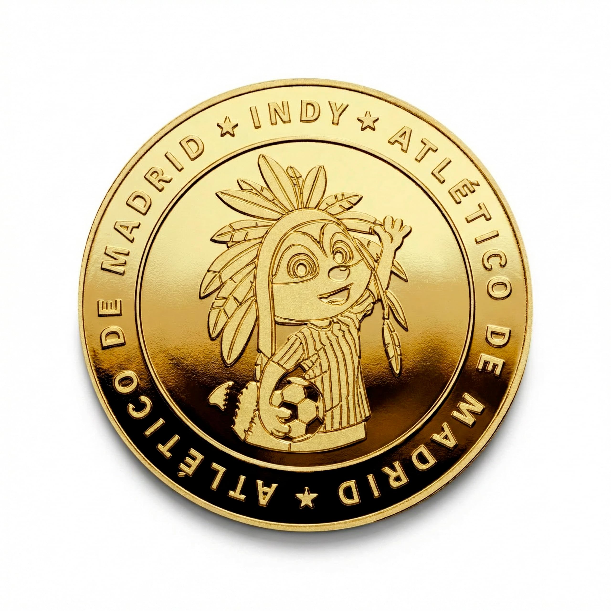 Moneta da Collezione Ufficiale dell'Atlético de Madrid, Edizione Speciale Indy, placcata in Oro, Lega Metallica, Diametro 40 mm, Spessore 3 mm, con Capsula Protettiva