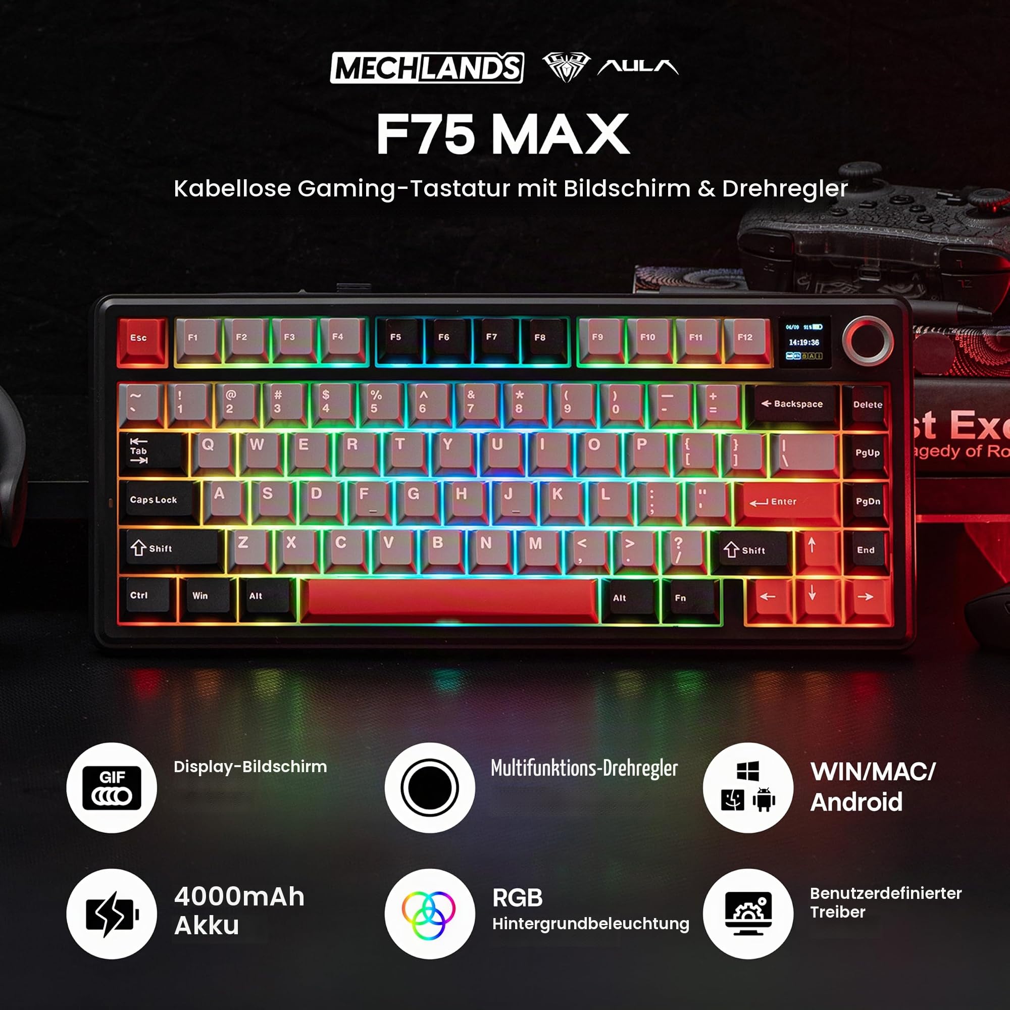 MechLands Aula F75 MAX Kabellose Gaming-Tastatur mit Display & Drehregler, 75% Hot-Swap-fähige Mechanische Tastatur mit Creamy Gasket, RGB, NKRO für Win/Mac/Linux (Schwarz Rot)