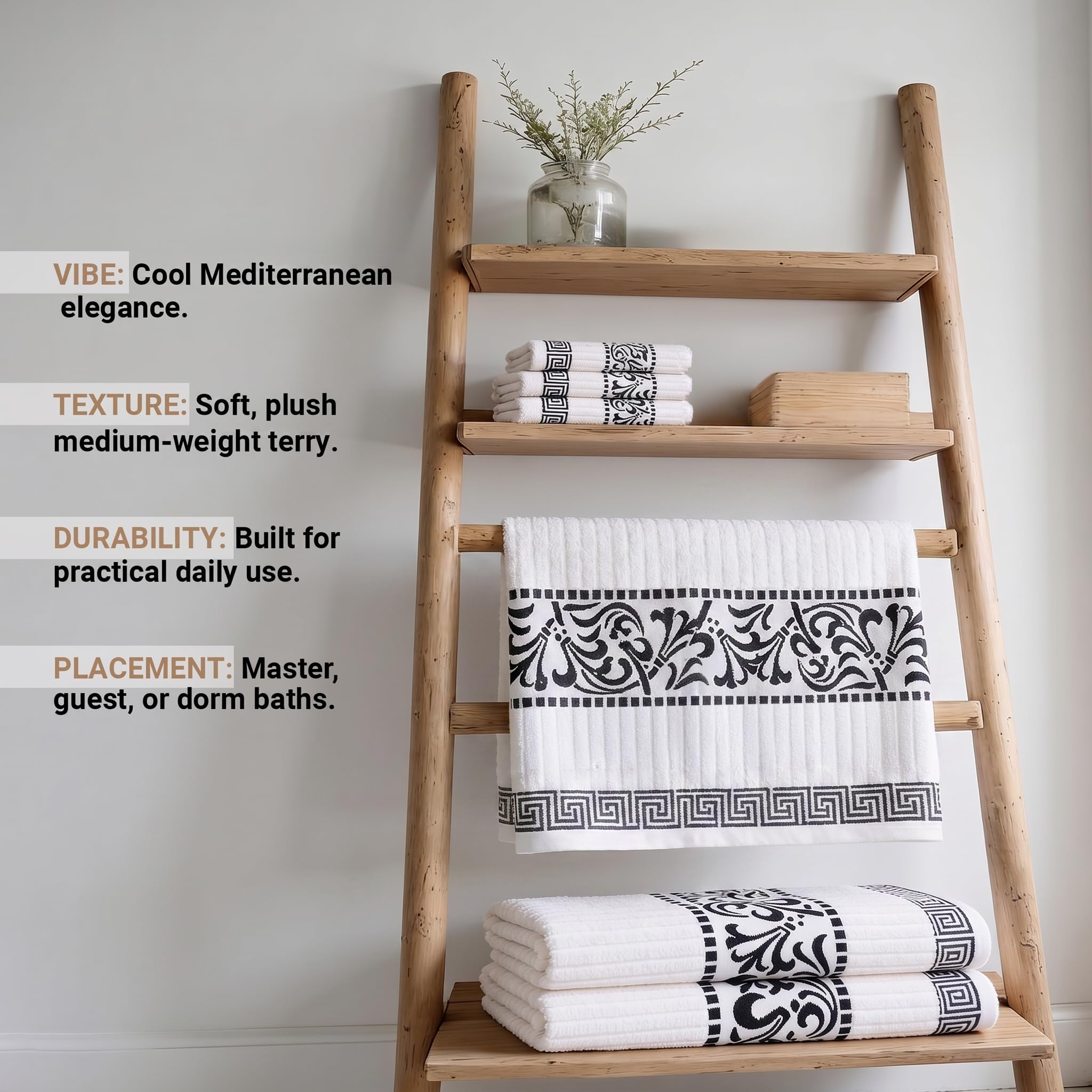 Superior Set di 8 asciugamani in cotone, motivo greco, elementi essenziali per la casa, assorbenti, arredo bagno, spa, include 2 asciugamani per mani, 2 viso e 4 asciugamani da bagno, collezione