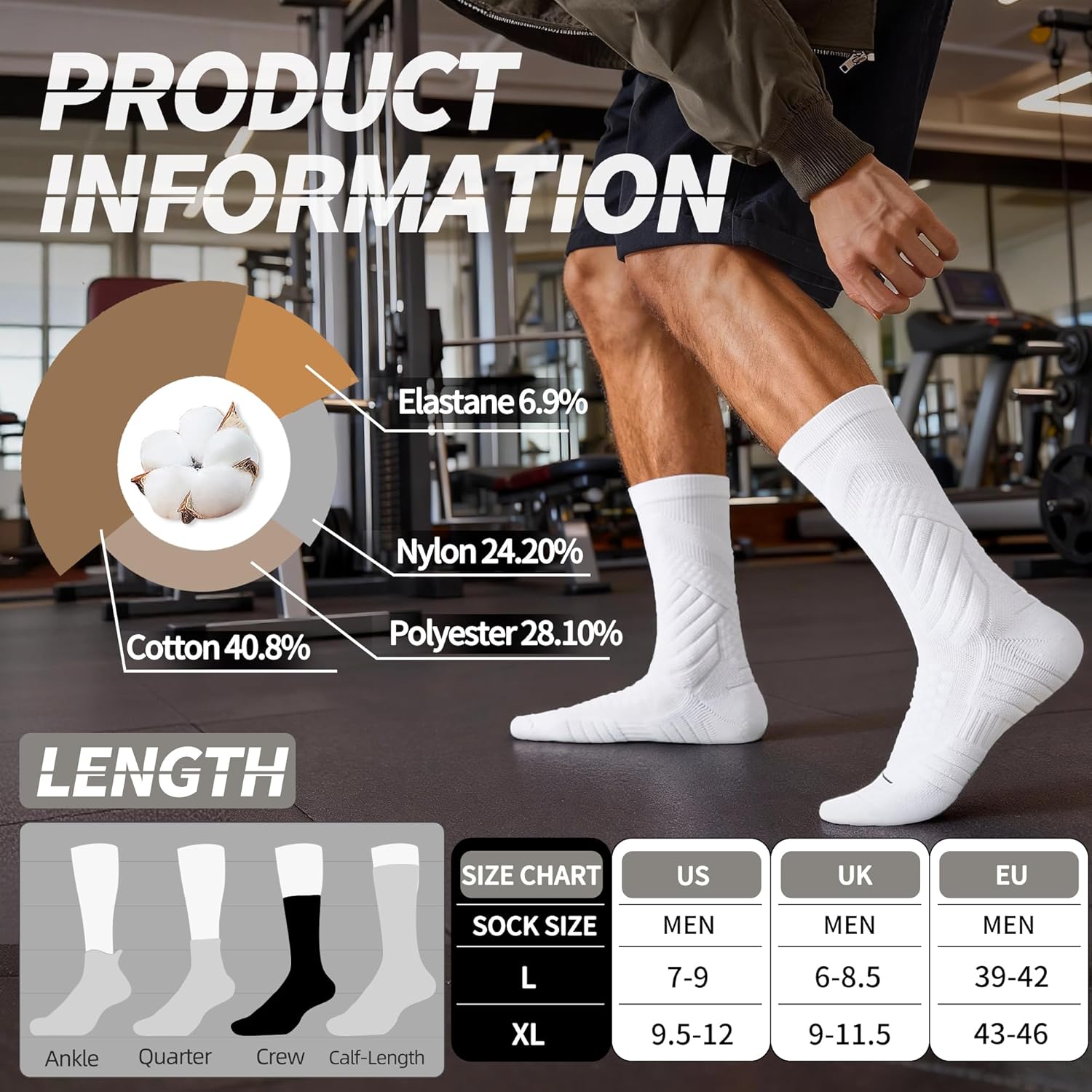 Crew Socks for Men,Compression Athletic Mid Calf Socks,Non Slip Running Basketball Socks,Black and White,3 Pairs