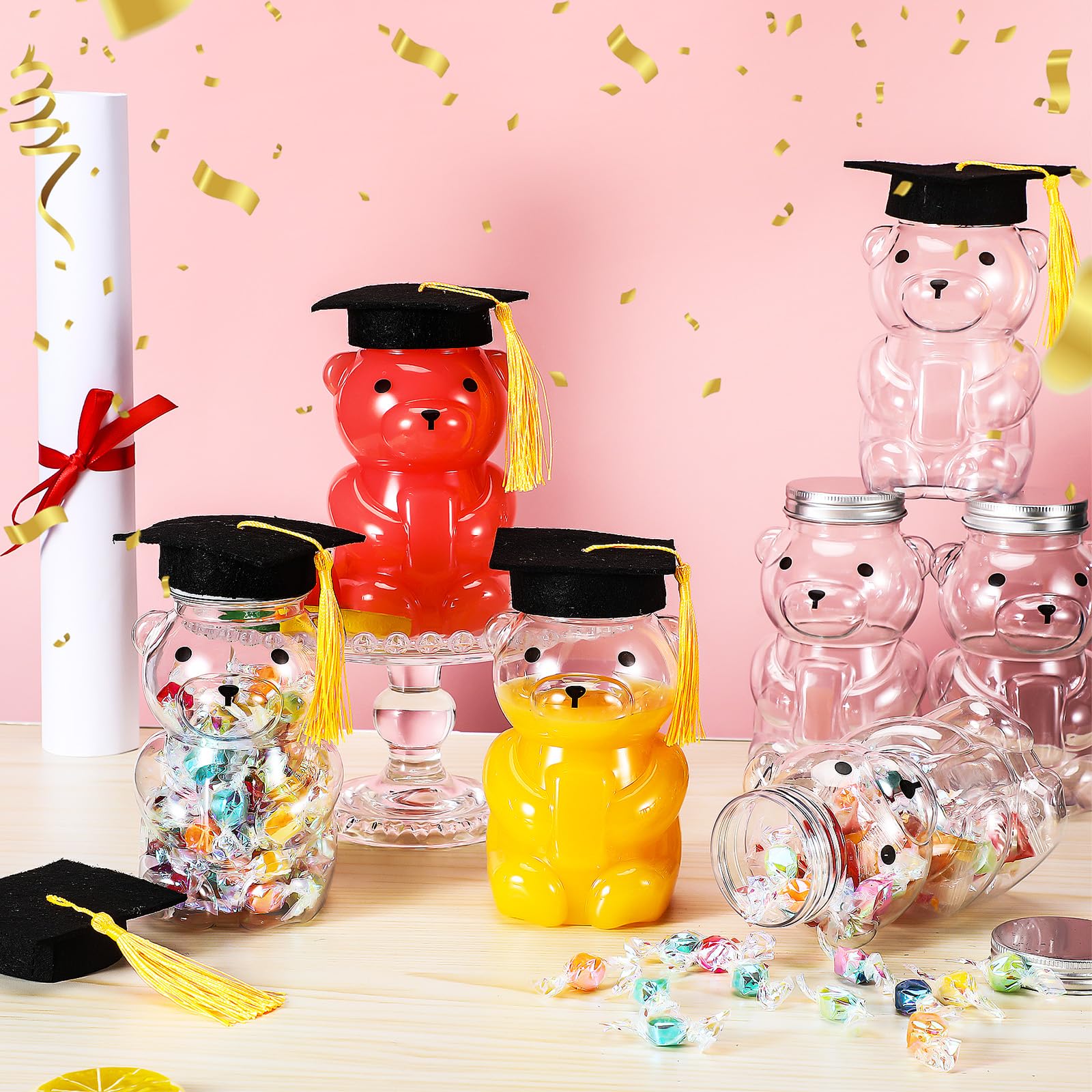 24 Pcs 2024 Graduation Bear Candy Jar 14oz Empty Bear Plastic Container with 24 Pcs Graduation Cap with Tassel Grad Bear Bottle DIY Gift for Kids Graduation Party Favor Decoration Supplies