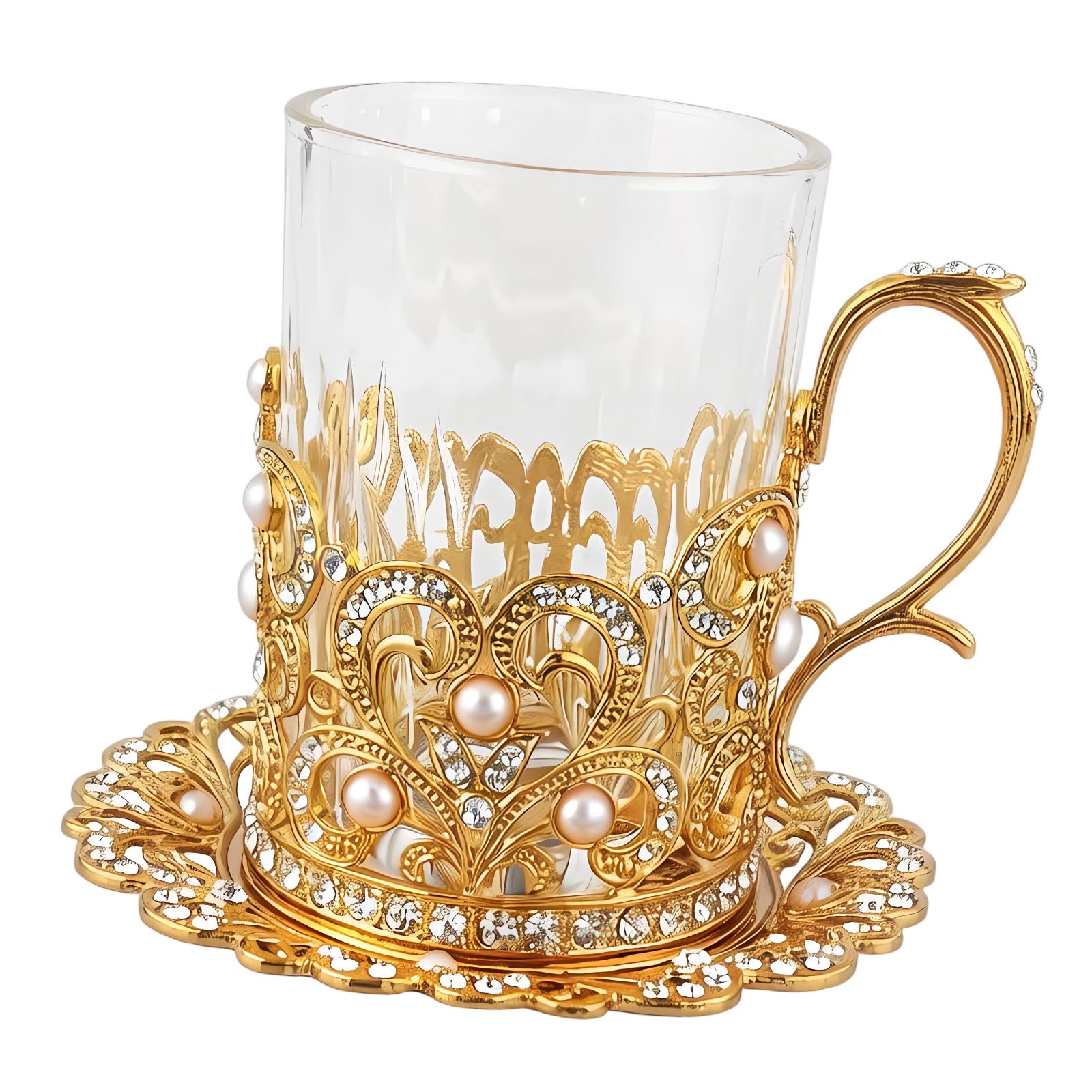 Oxxggkao Decorative Glass Condiment Bottles with Golden Metal Frame and Pearls Detail Seasoning Container Lavishness Mixture Glass Condiment Canisters