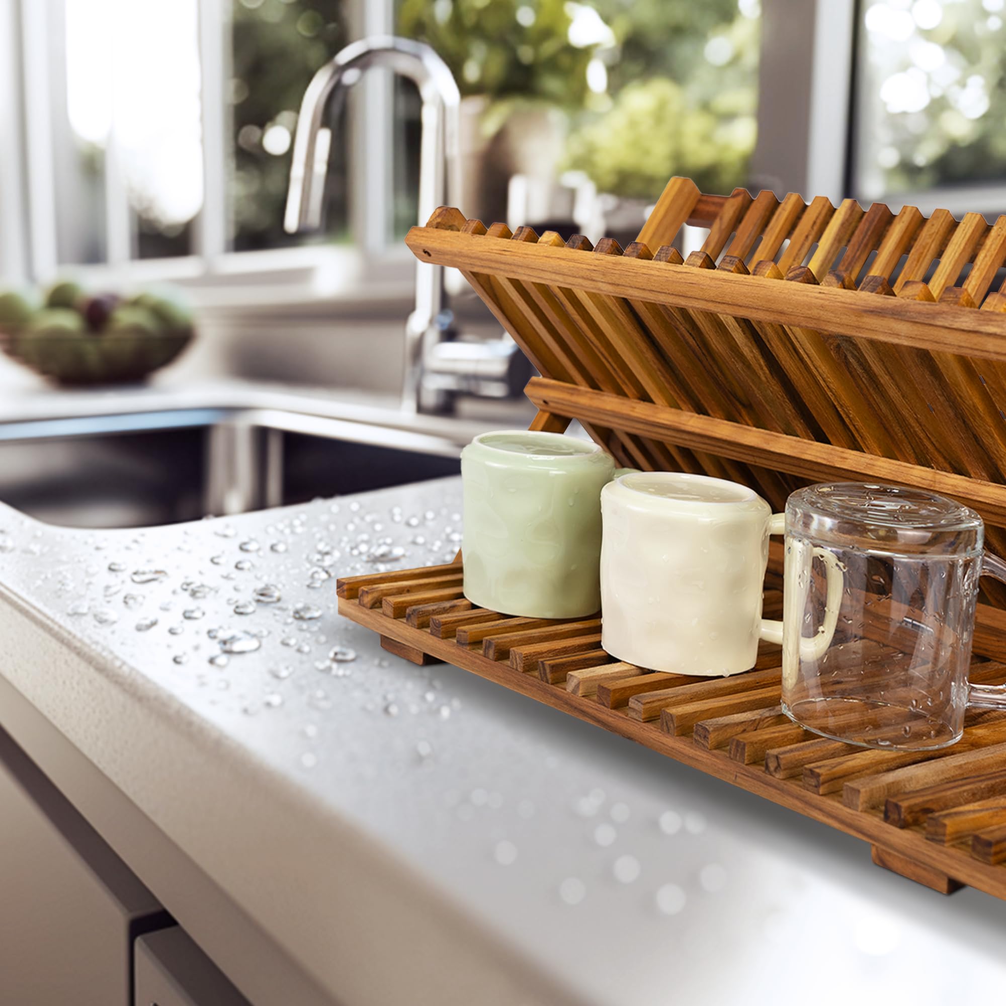 Utoplike Secador de Platos Plegable de Madera de Teca de 3 Niveles | Escurridor de Platos Plegable de Gran Capacidad, Organizador de Cocina para Platos y Tazas Que Ahorra Espacio