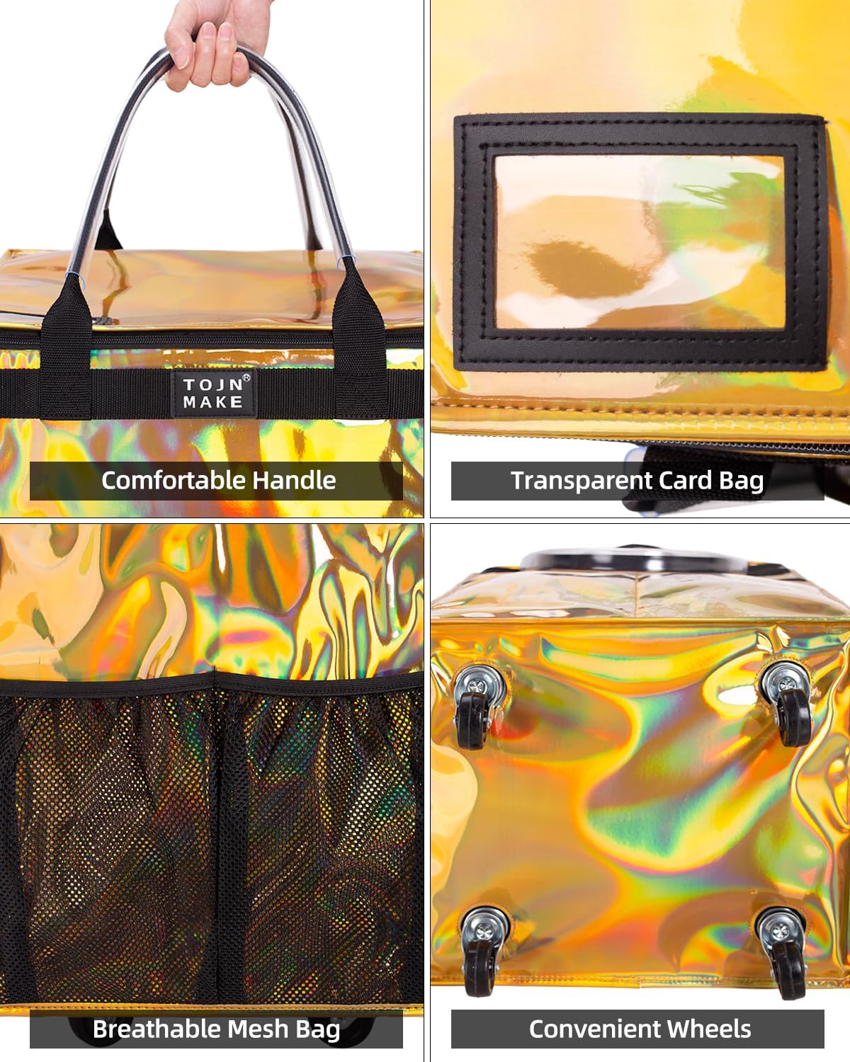 Reusable Grocery Bag On Wheels (Medium, Glitter Gold), Shopping Trolley, Rolling Tote with 8 Pockets and Zipper Cover, Foldable, Heavy Duty Handles, Carries Up to 66 LBS