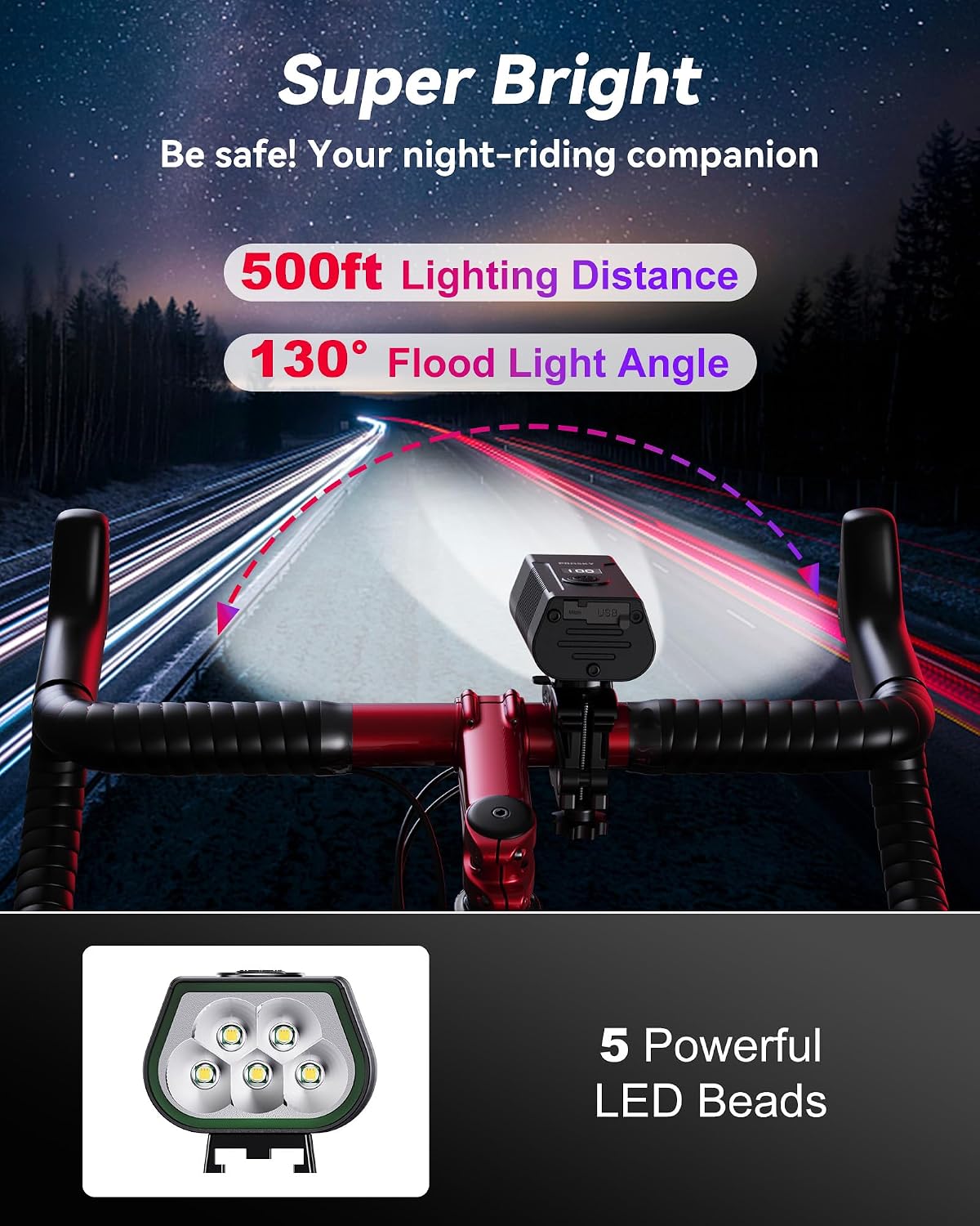 Bike Lights for Night Riding, Bike Headlight, USB-C Rechargeable Bicycle Light, Aluminum Alloy Waterproof Bike Lights for Night Riding, 6+4 Modes for Adult Kids Road Cycling