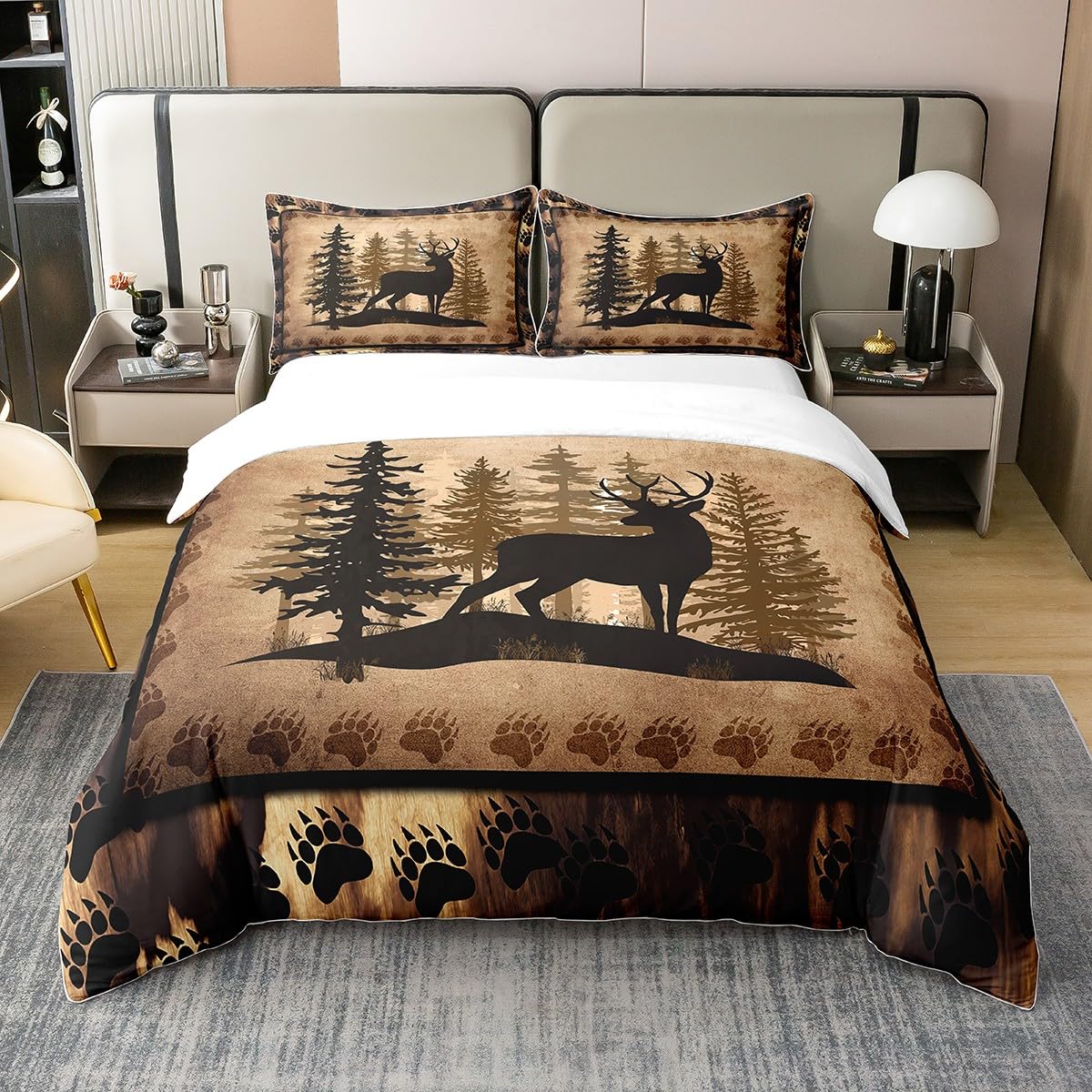 Cute Deer 100% Cotton Duvet Cover Single Size Girls Boys Kids Deer Hunting Bedding Set Room Bear Paw Print Tree Pattern Bedding Cotton Duvet Cover Set for Bedroom Exotic Style Brown Bedspread Cover — image 1