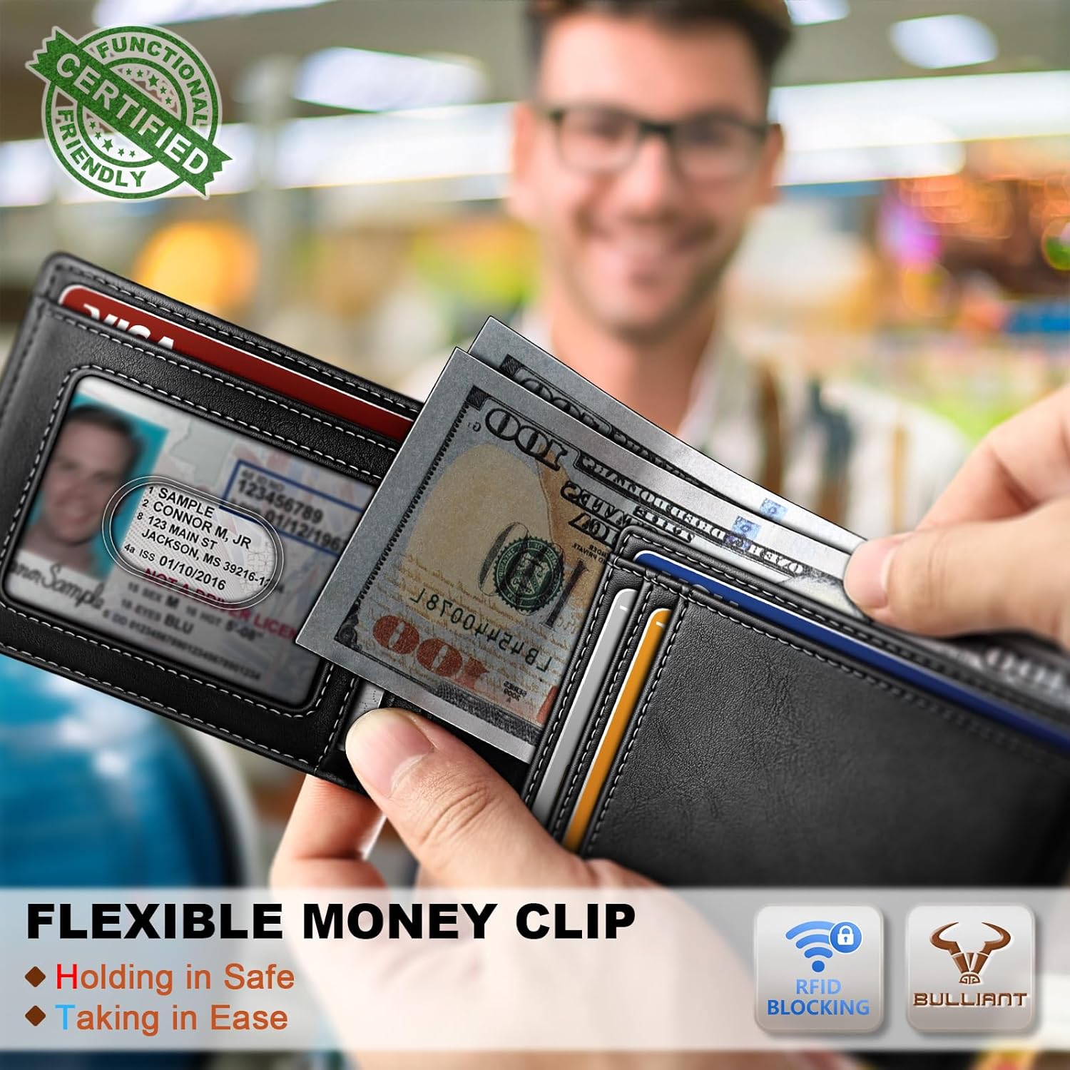 BULLIANT Men Wallet,Slim Leather Wallet Money Clip Magnetic Closure Simplifed Bill Folder 10Cards RFID Blocking 4.3"×3" - Image 3